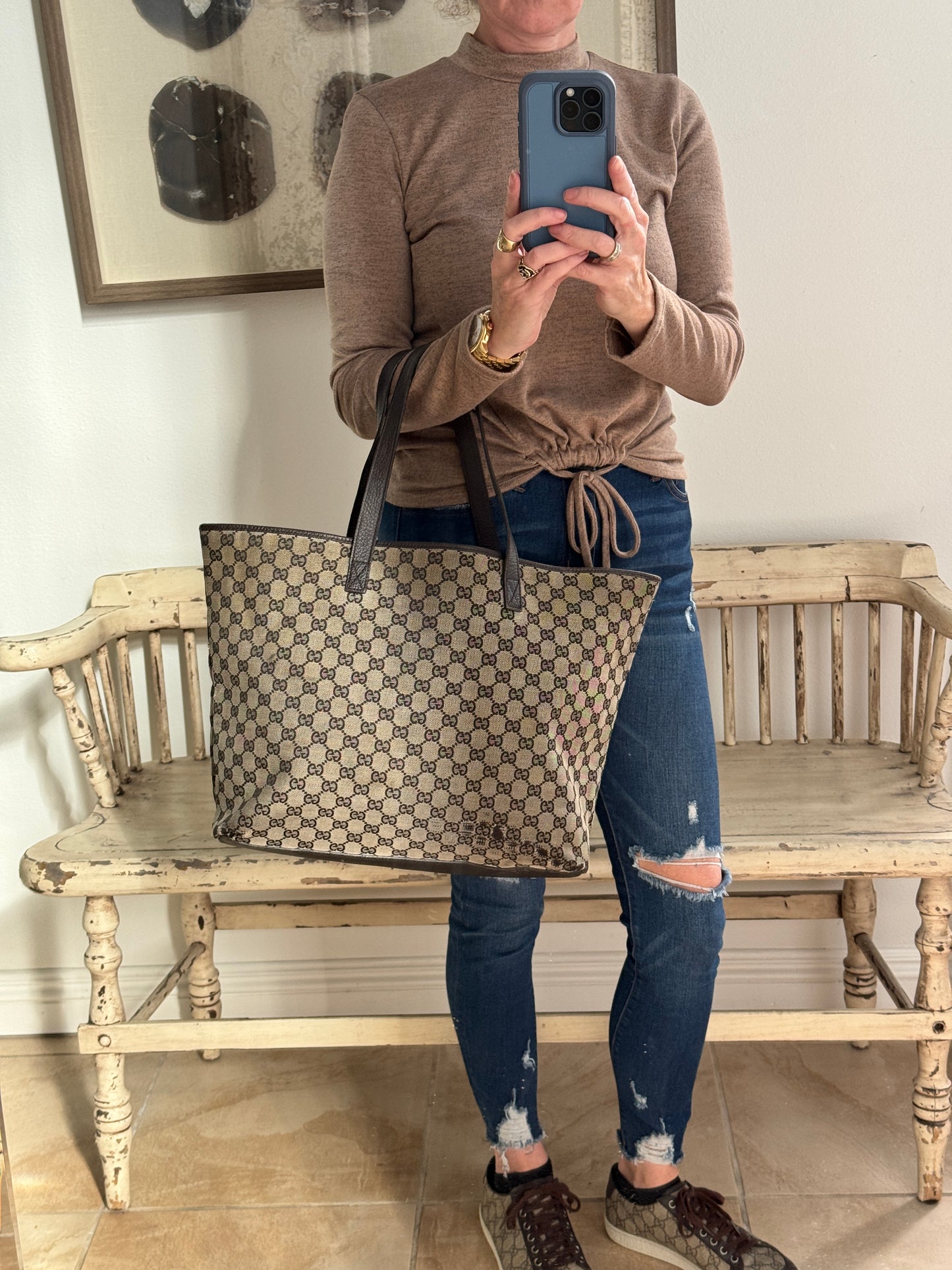 GUCCI DK Brown Canvas/Leather Tote Medium