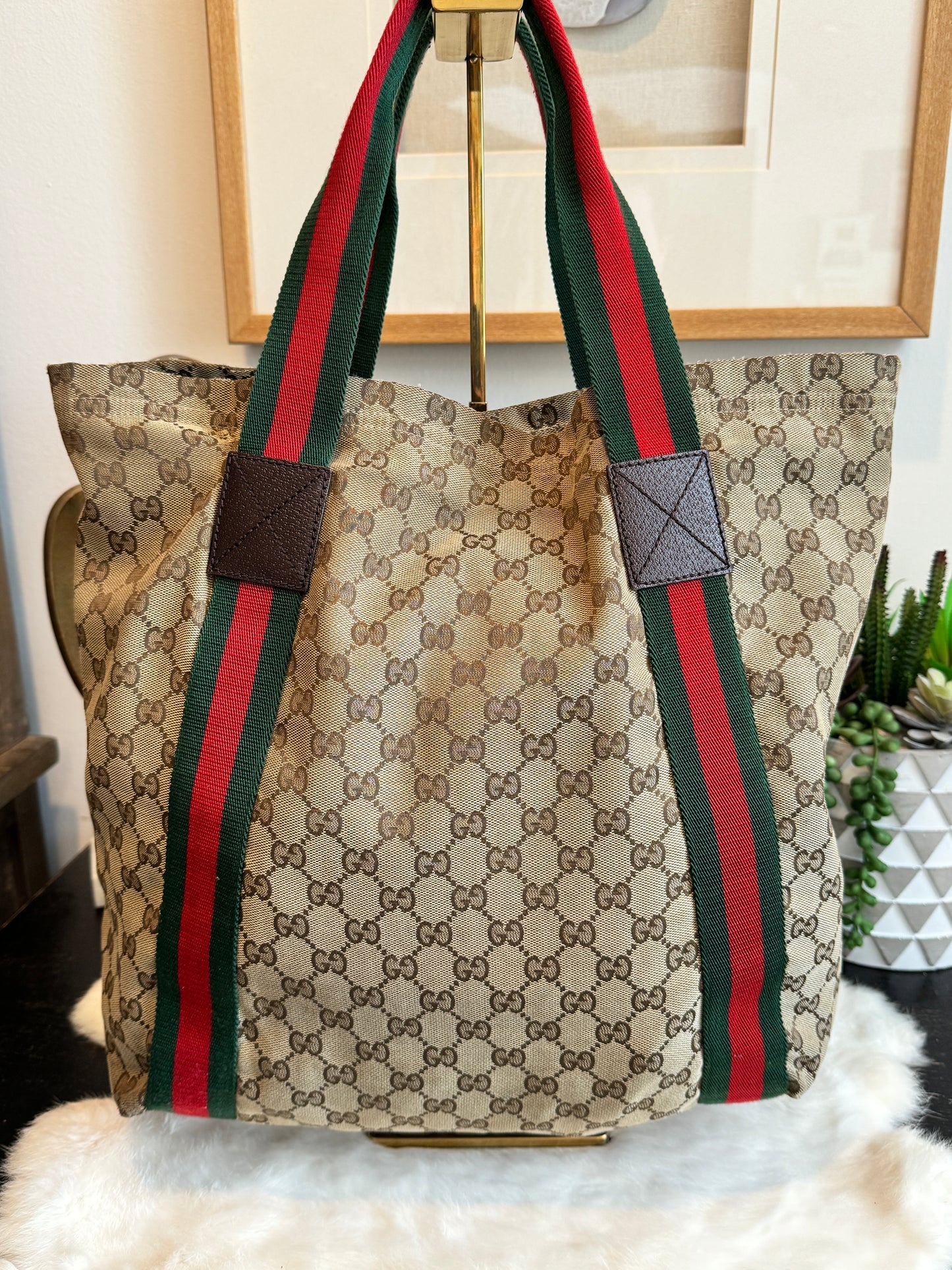 GUCCI Lt Brown Canvas Sherry Line Web Tote