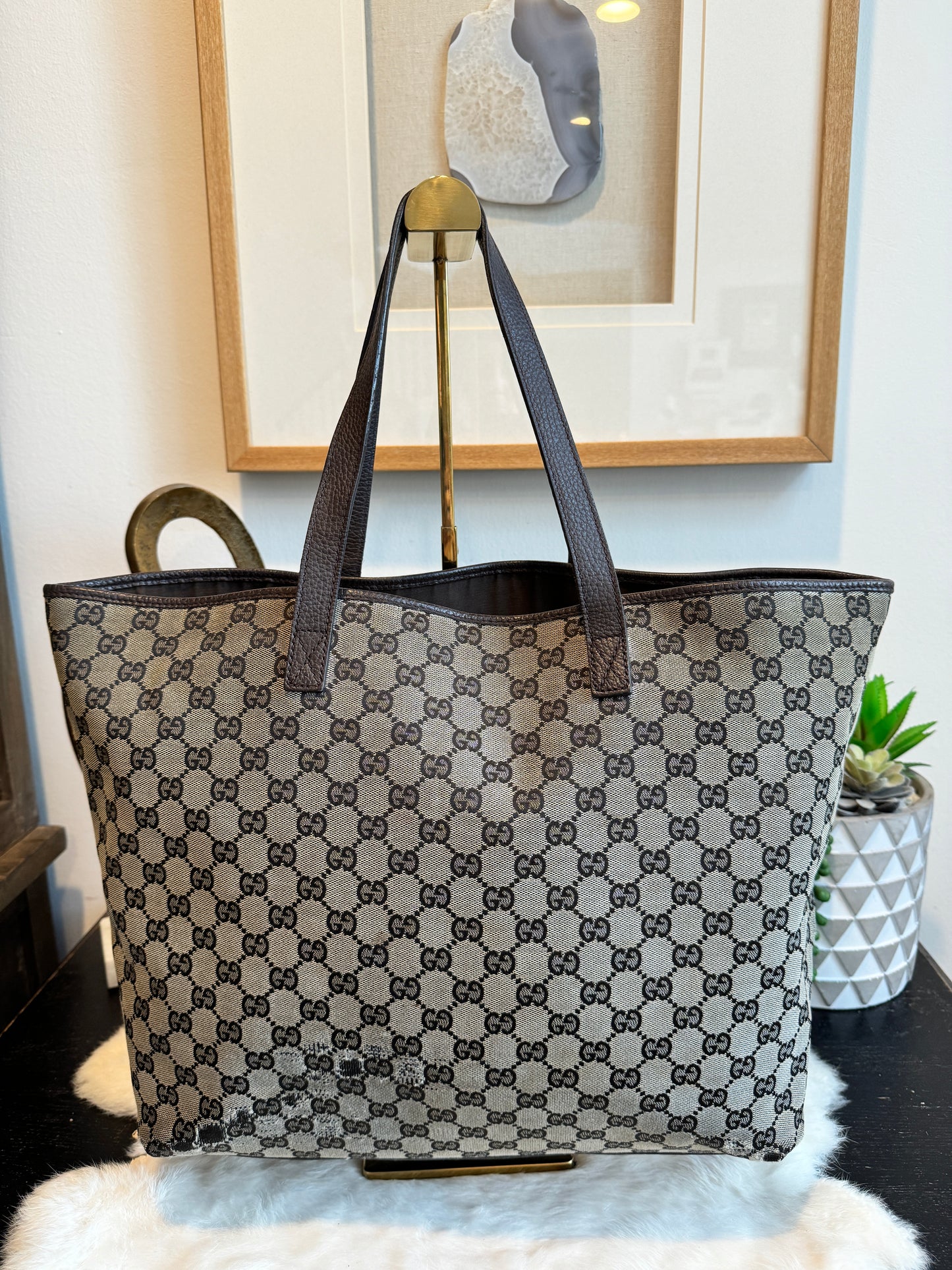 GUCCI DK Brown Canvas/Leather Tote Medium