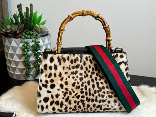 Gucci Calf Hair Bamboo Leopard Print Mini Nymphaea Bag