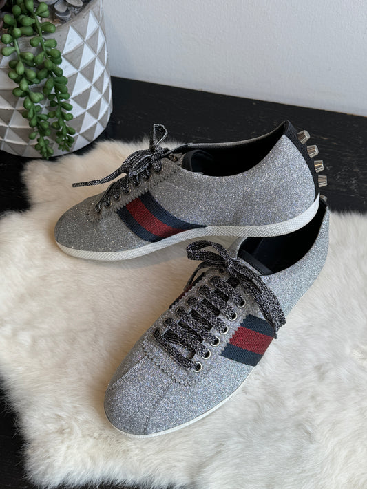 GUCCI Ace Silver Glitter Studded Women's Size 38EU