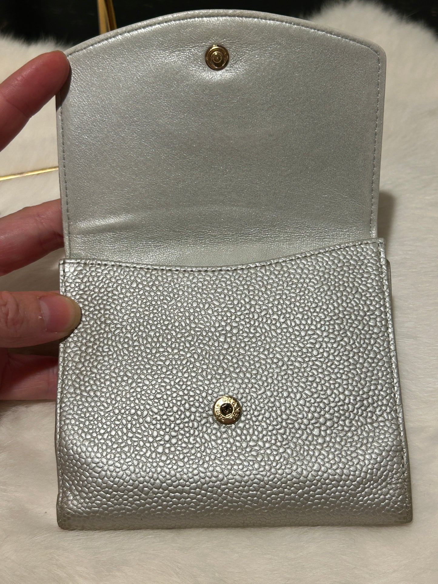 Chanel Compact Lt Silver Caviar Leather Wallet