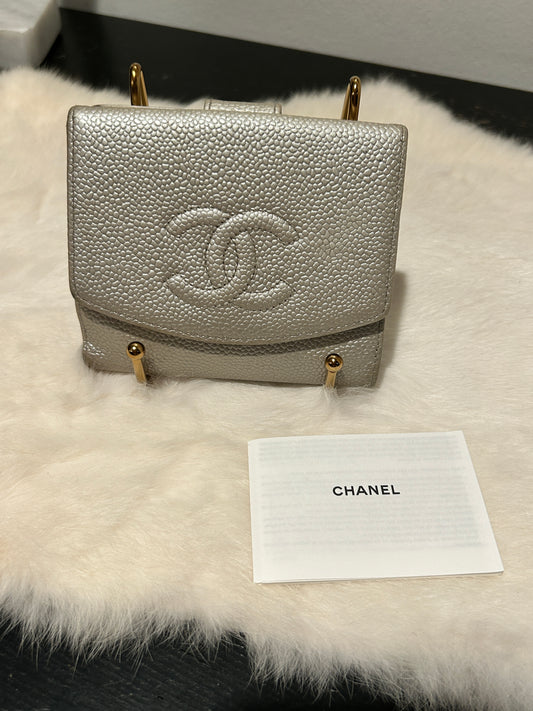 Chanel Compact Lt Silver Caviar Leather Wallet