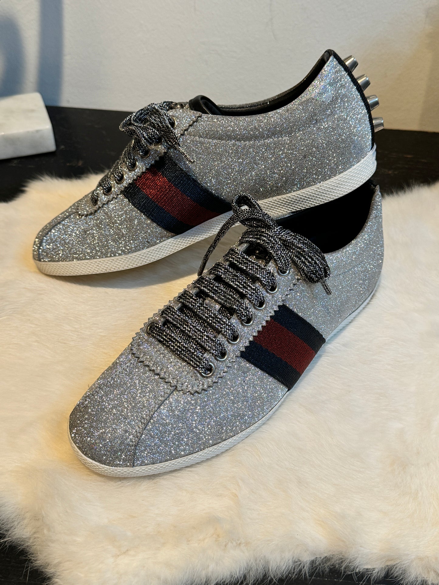 GUCCI Ace Silver Glitter Studded Women's Size 37EU