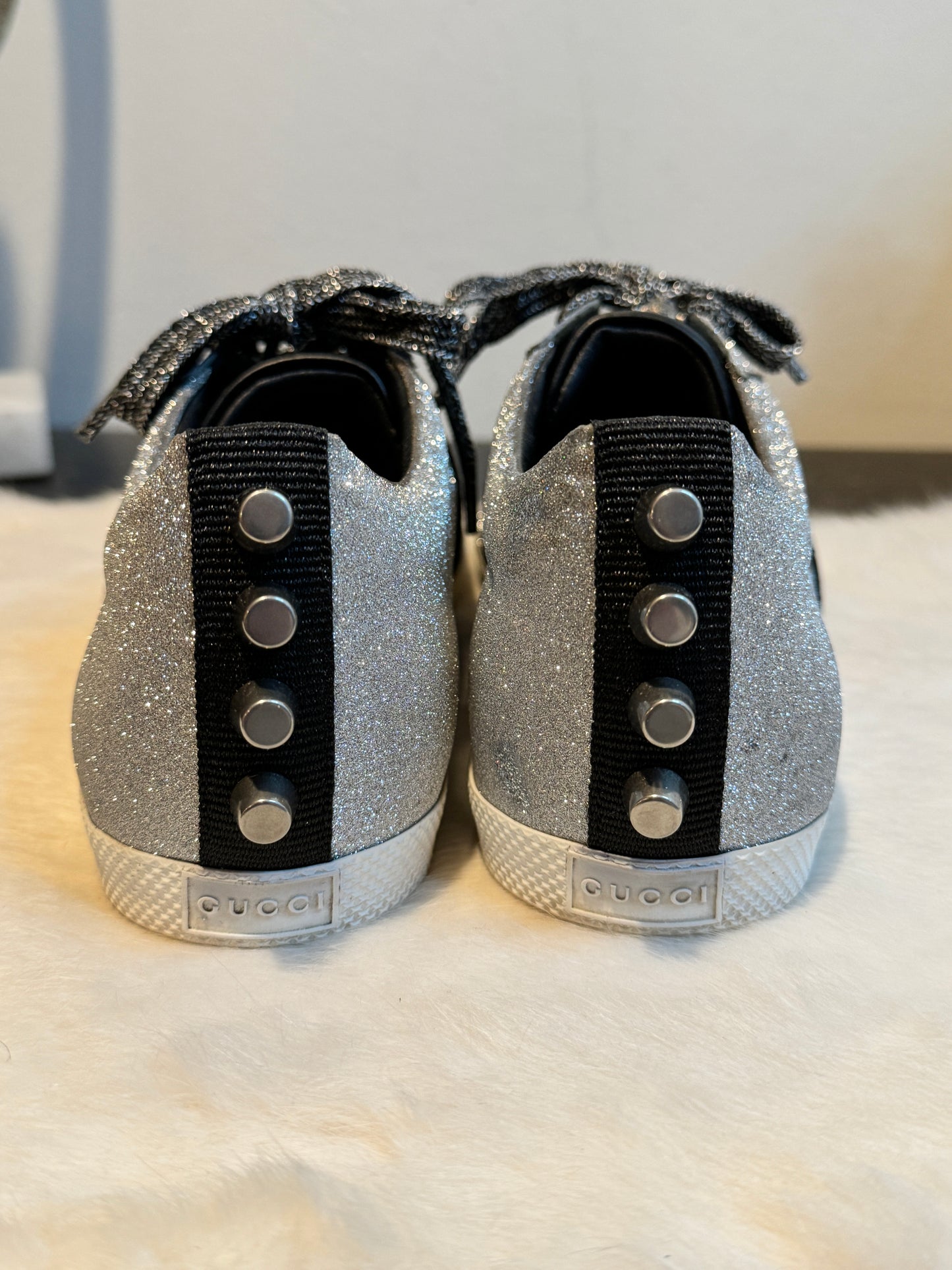 GUCCI Ace Silver Glitter Studded Women's Size 37EU