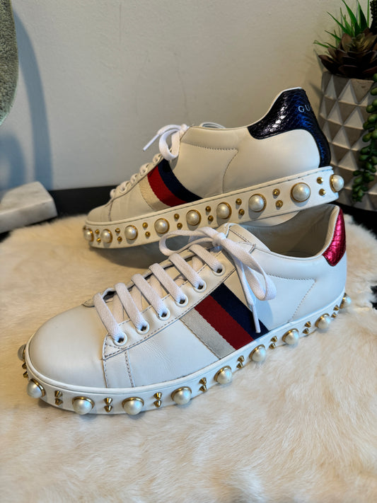 GUCCI Ace Pearl Platform Sneakers Women's 38EU