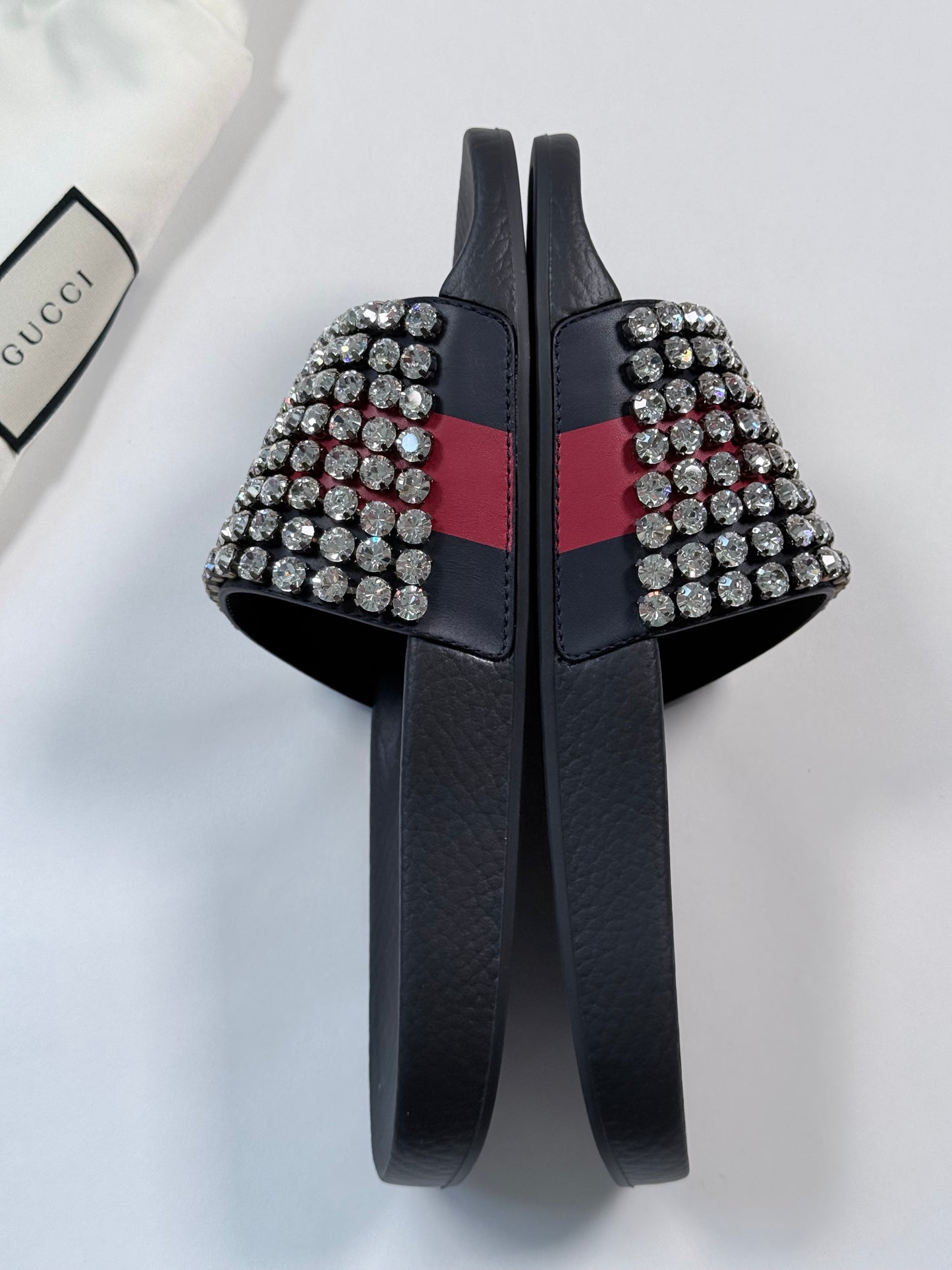 Like New!! GUCCI Leather Crystal Pursuit Navy/Red Women's Slides 40EU