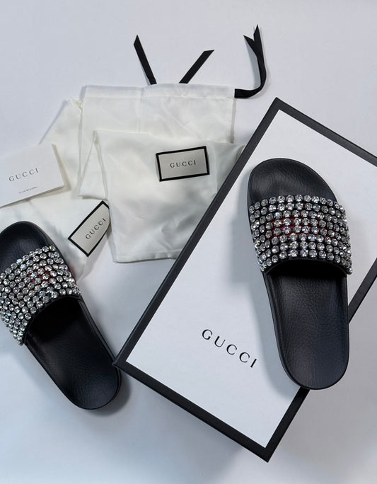 Like New!! GUCCI Leather Crystal Pursuit Navy/Red Women's Slides 40EU