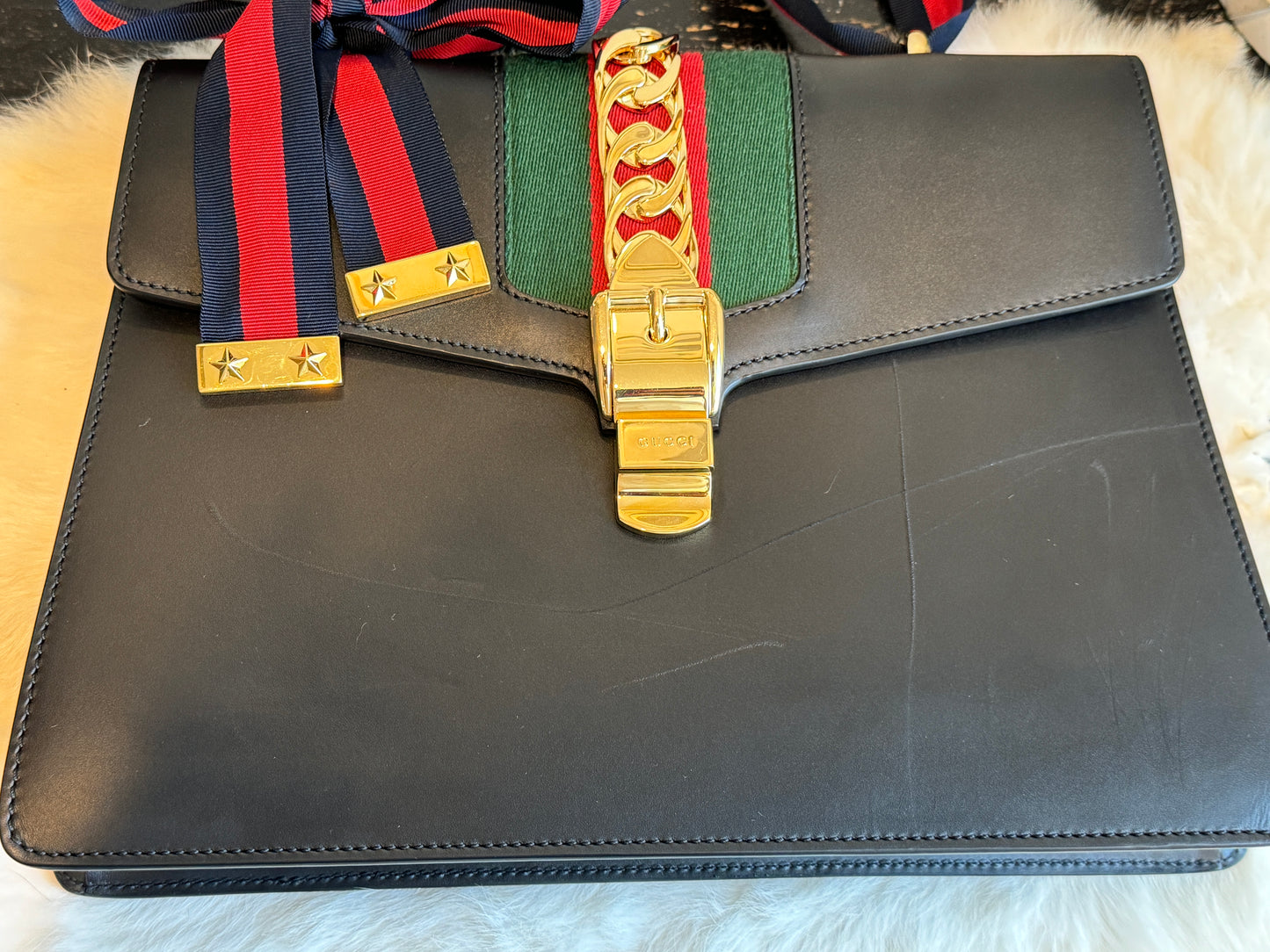 GUCCI Sylvie Medium Bag Black Ribbon Strap