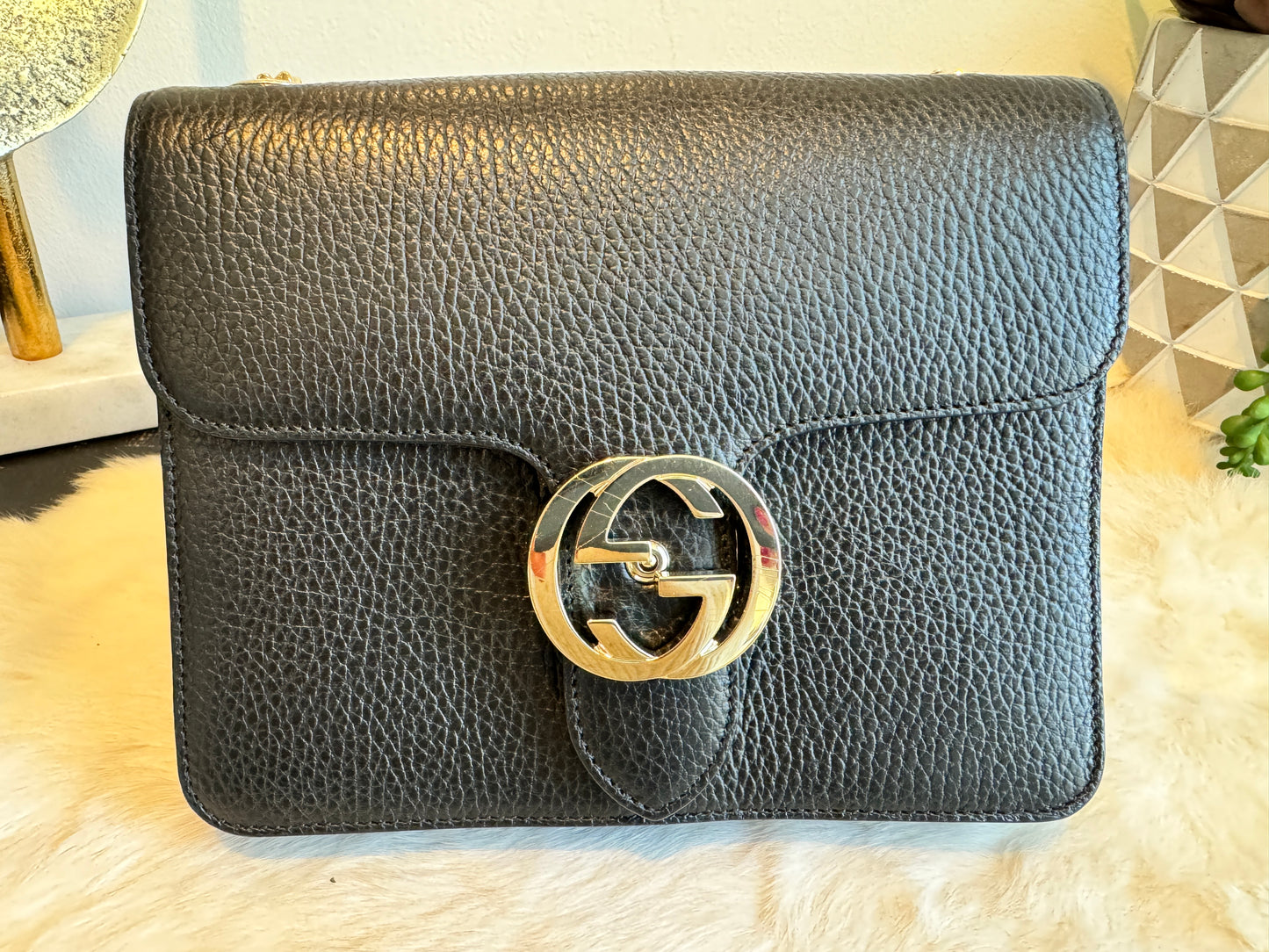 GUCCI Interlocking G Black Leather Bag