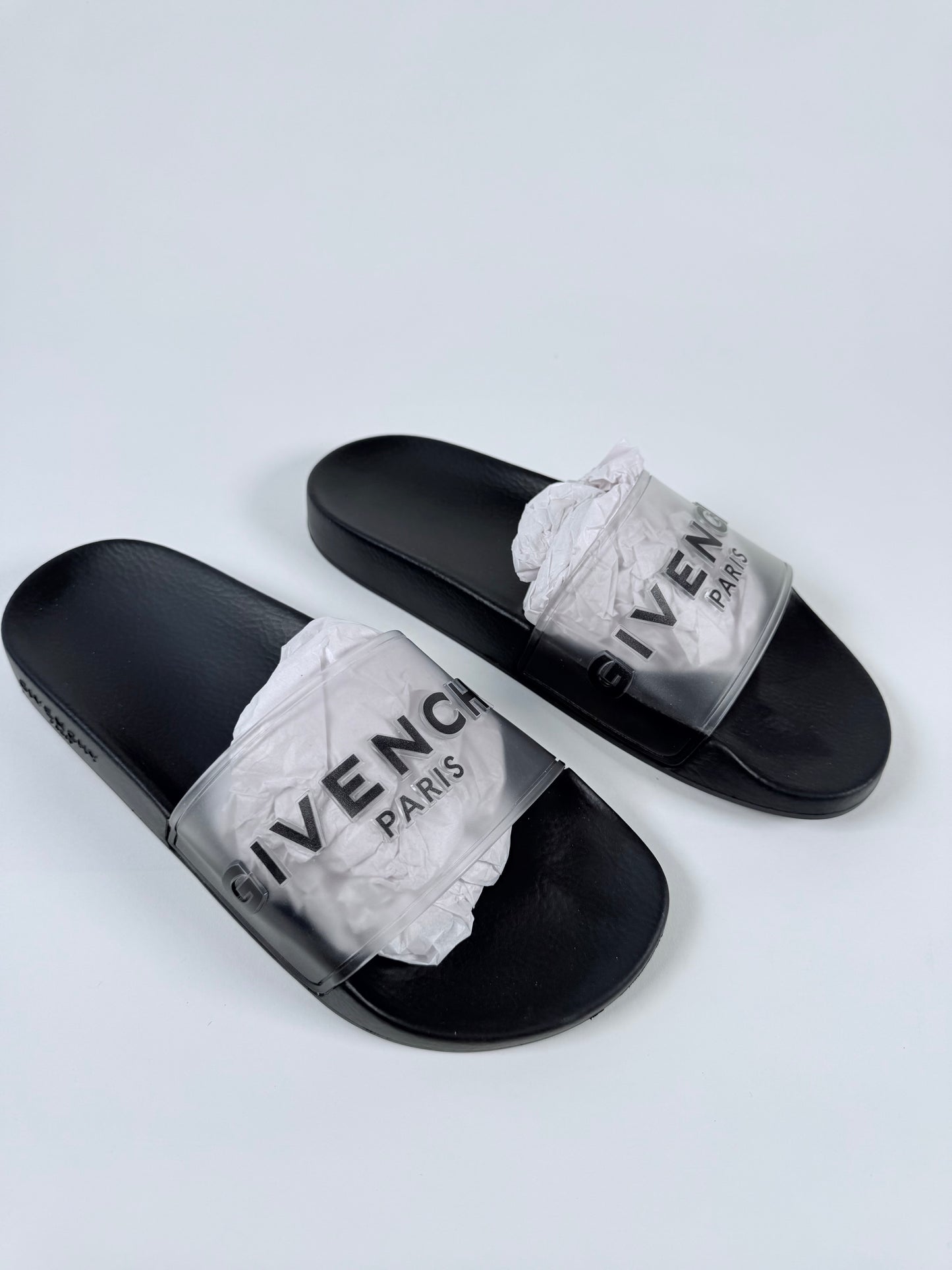 Like New!! GIVENCHY Black Translucent Rubber Womens Slides 38EU