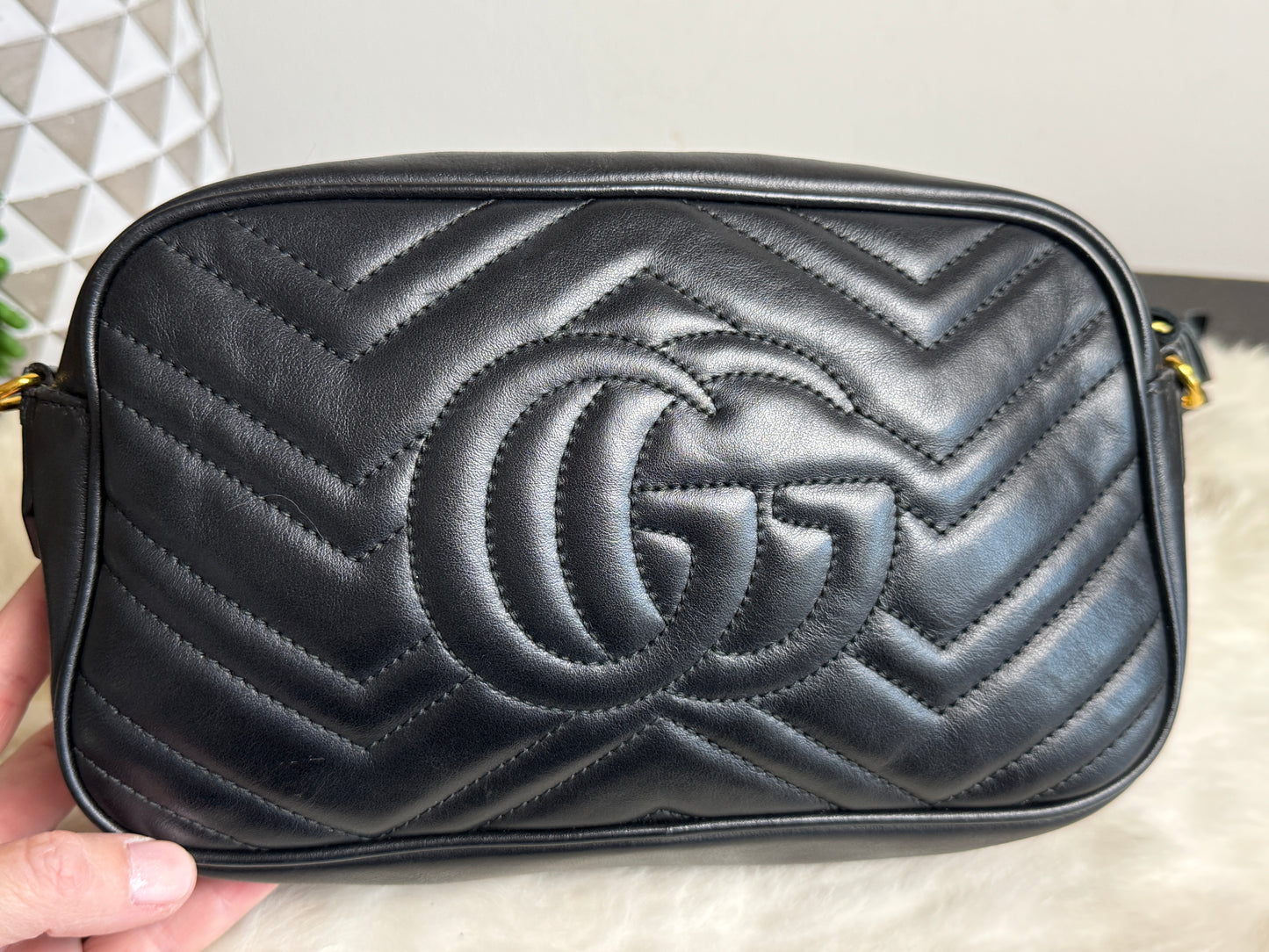 GUCCI Black Leather GG Marmont Small Camera Bag