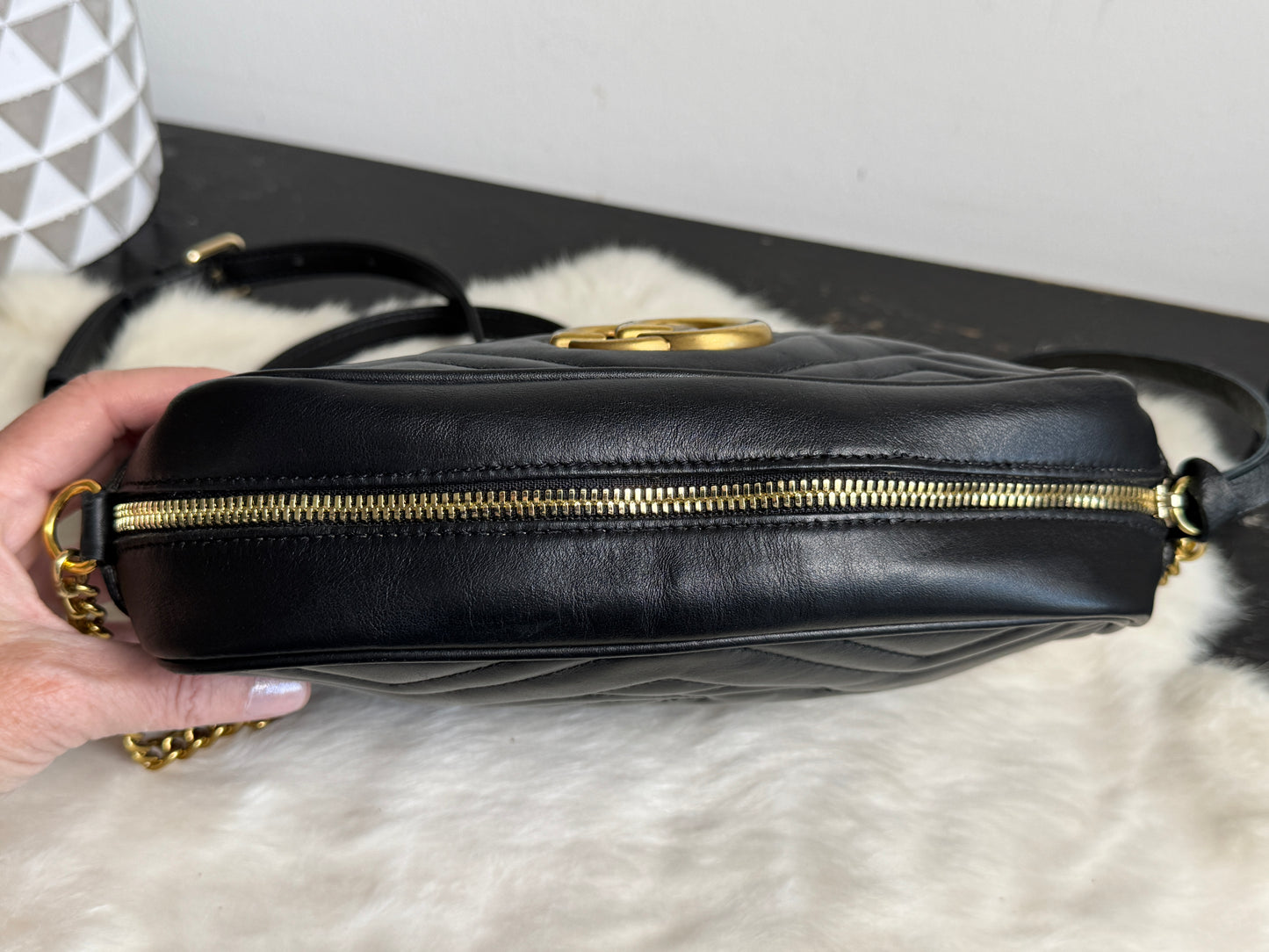 GUCCI Black Leather GG Marmont Small Camera Bag