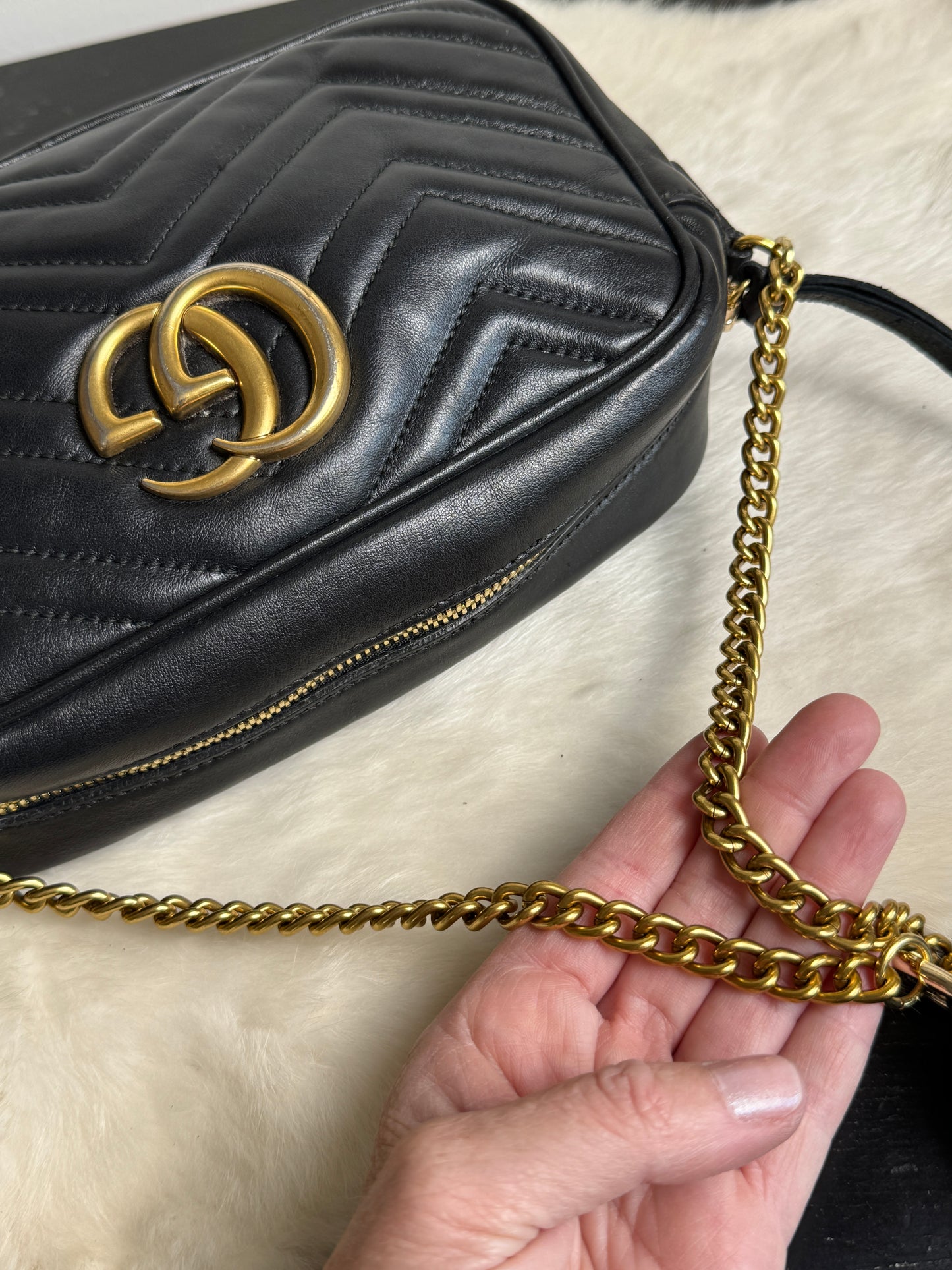 GUCCI Black Leather GG Marmont Small Camera Bag