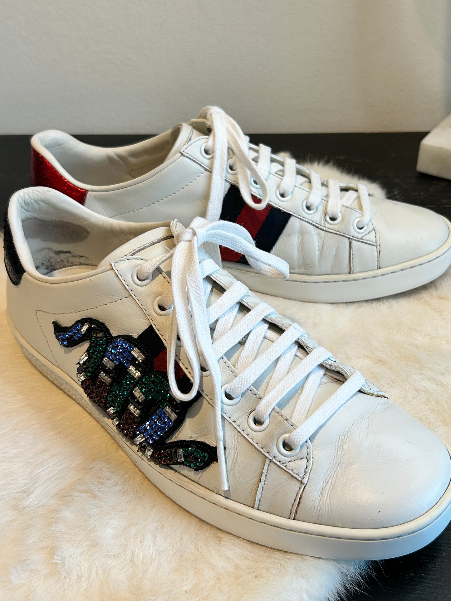 GUCCI Ace Rhinestone King Snake Sneakers Women's 37.5