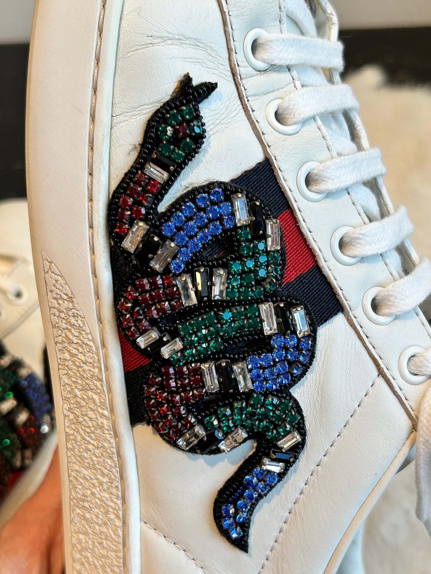 GUCCI Ace Rhinestone King Snake Sneakers Women's 37.5