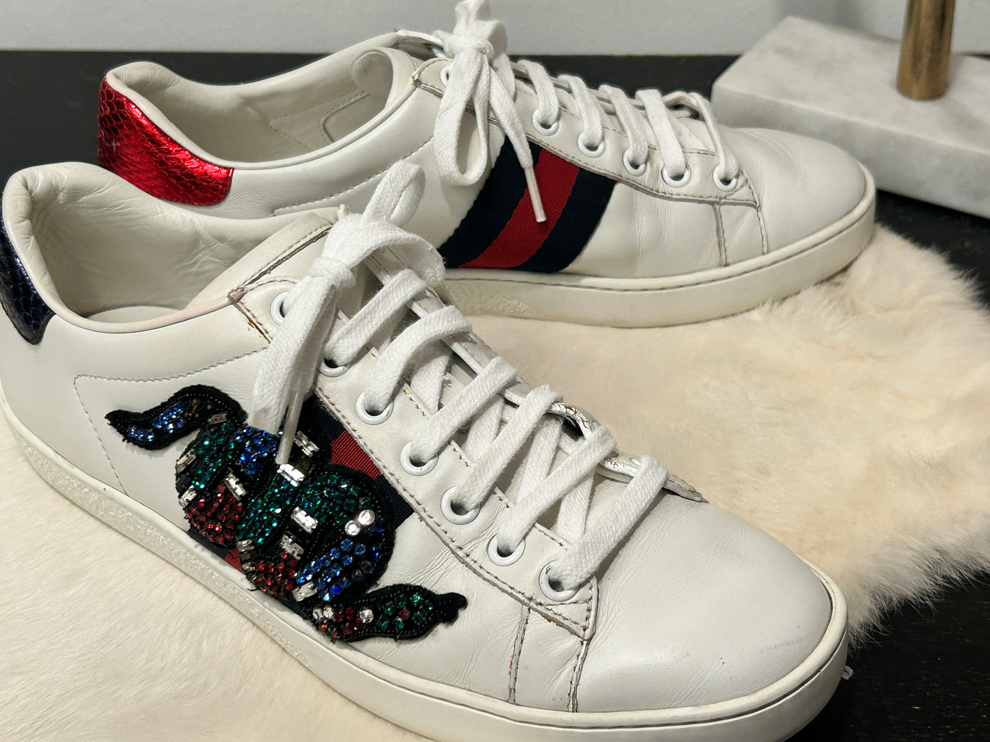 GUCCI Ace Rhinestone King Snake Sneakers Women's 36.5EU