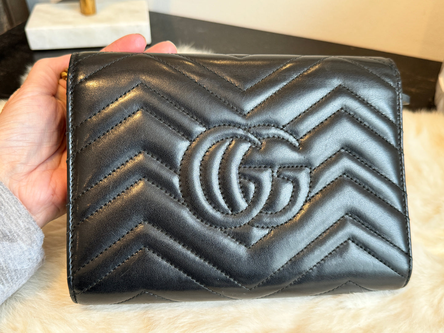 GUCCI Calfskin Matelasse GG Marmont Wallet on Chain Black