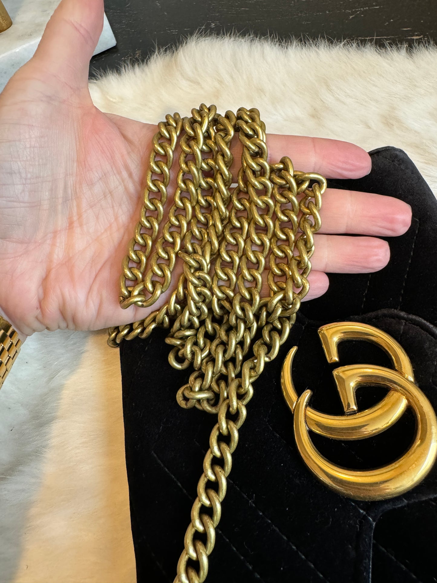 GUCCI Velvet GG Marmont Wallet on Chain Black