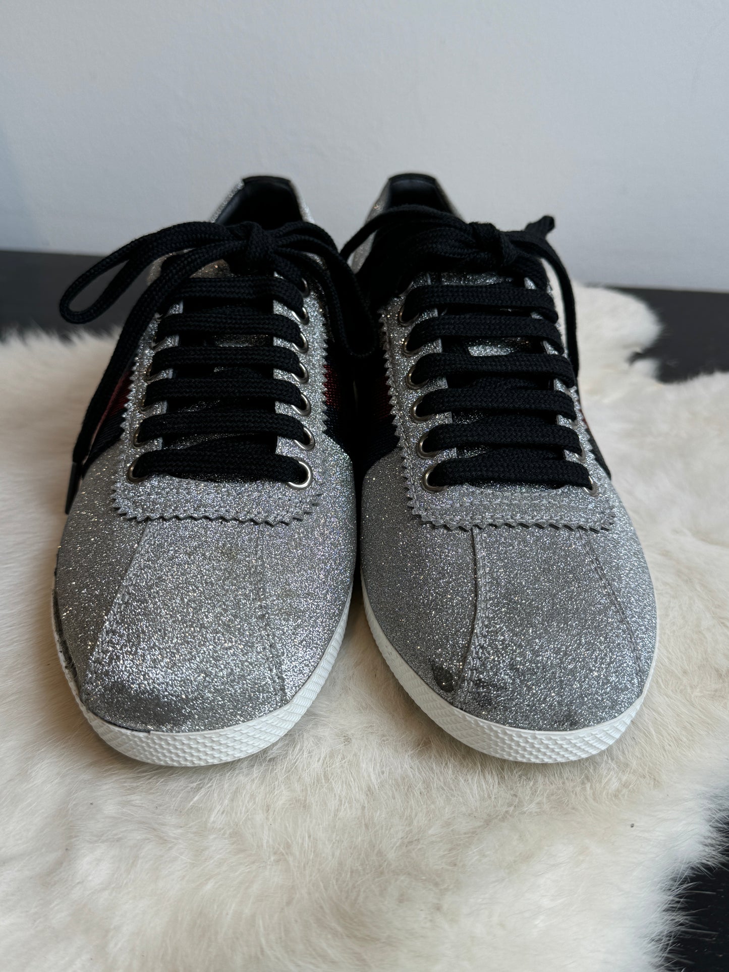 GUCCI Ace Silver Glitter Studded Women's Size 37.5EU