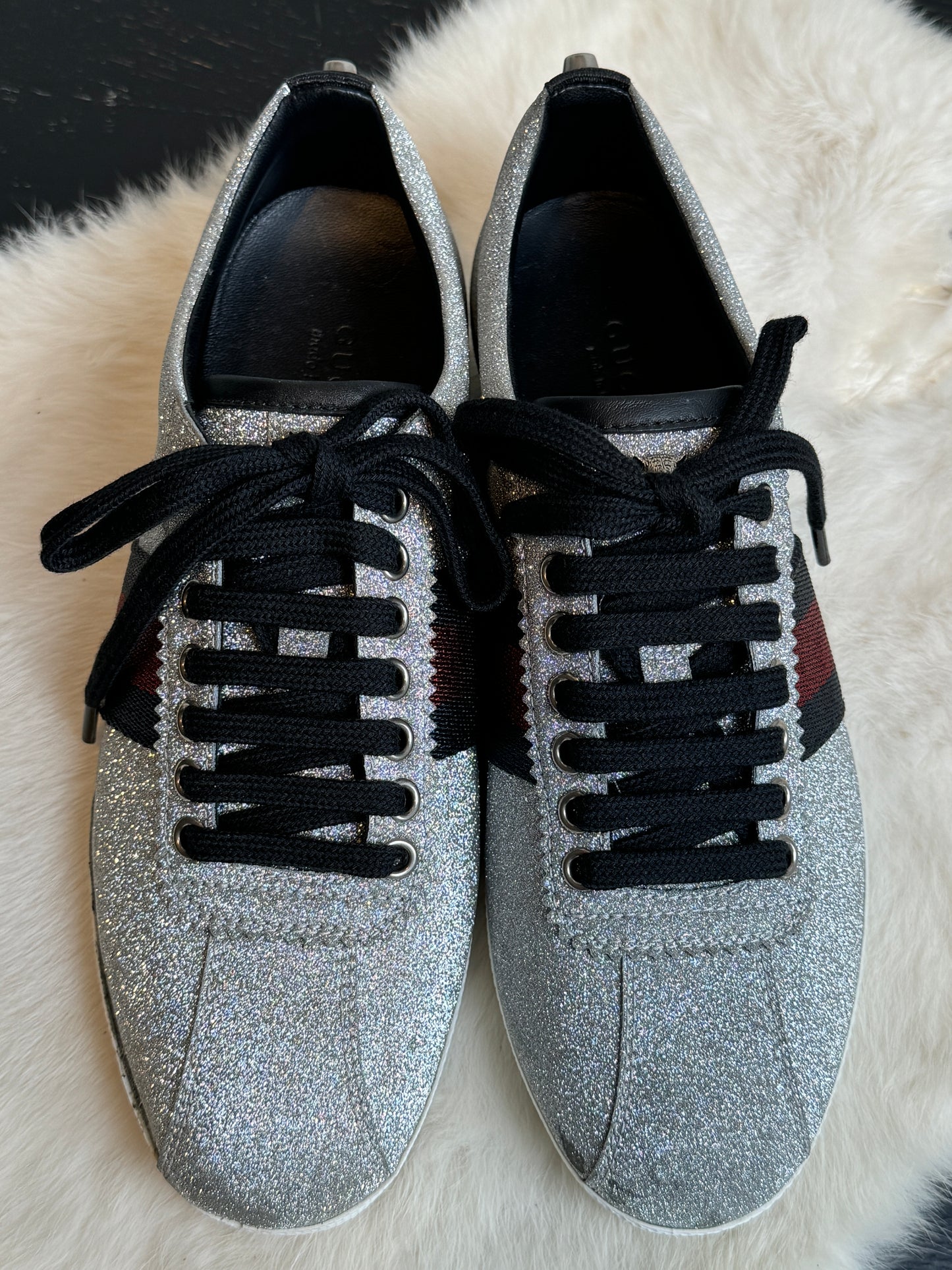 GUCCI Ace Silver Glitter Studded Women's Size 37.5EU