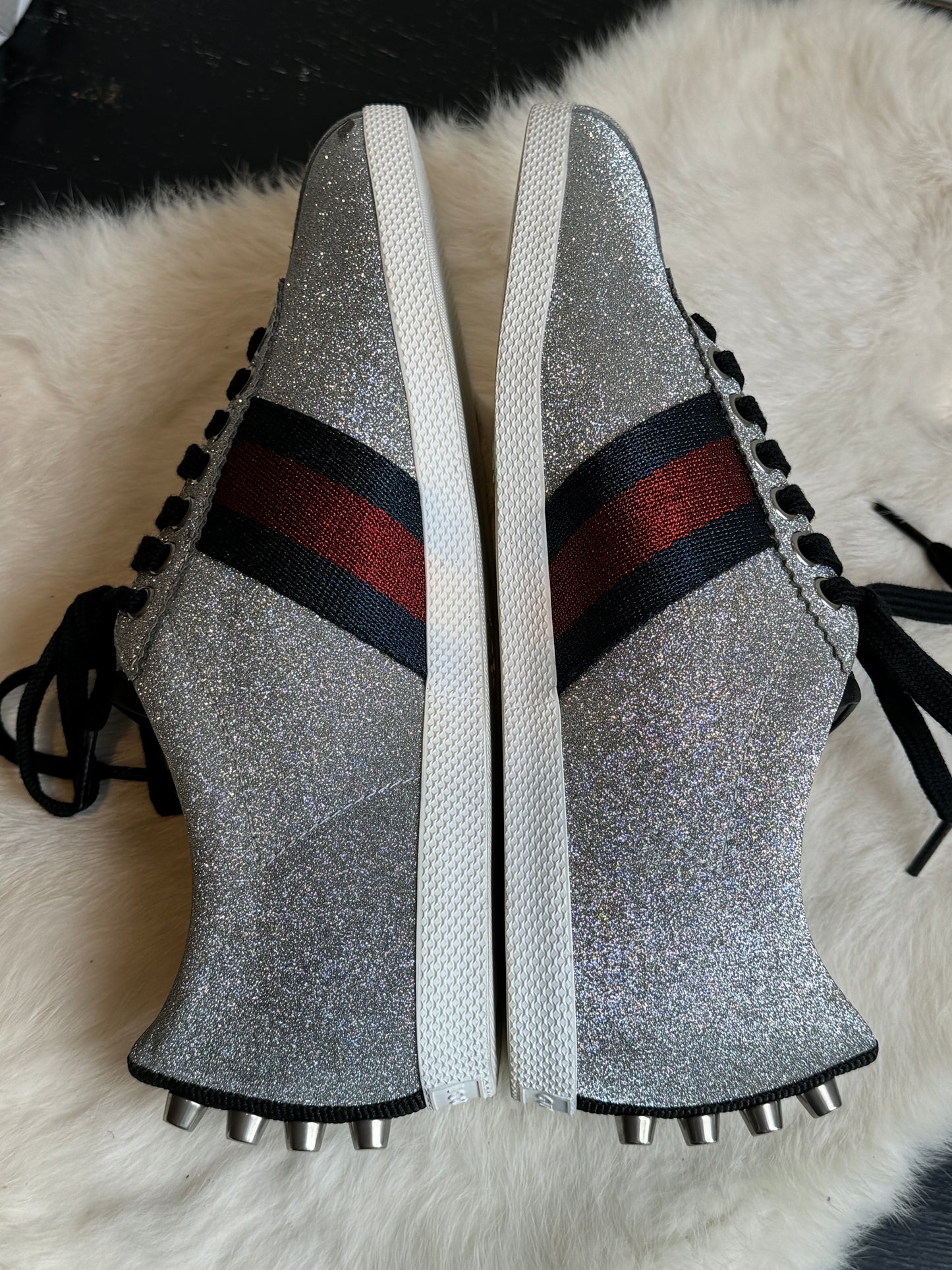 GUCCI Ace Silver Glitter Studded Women's Size 37.5EU