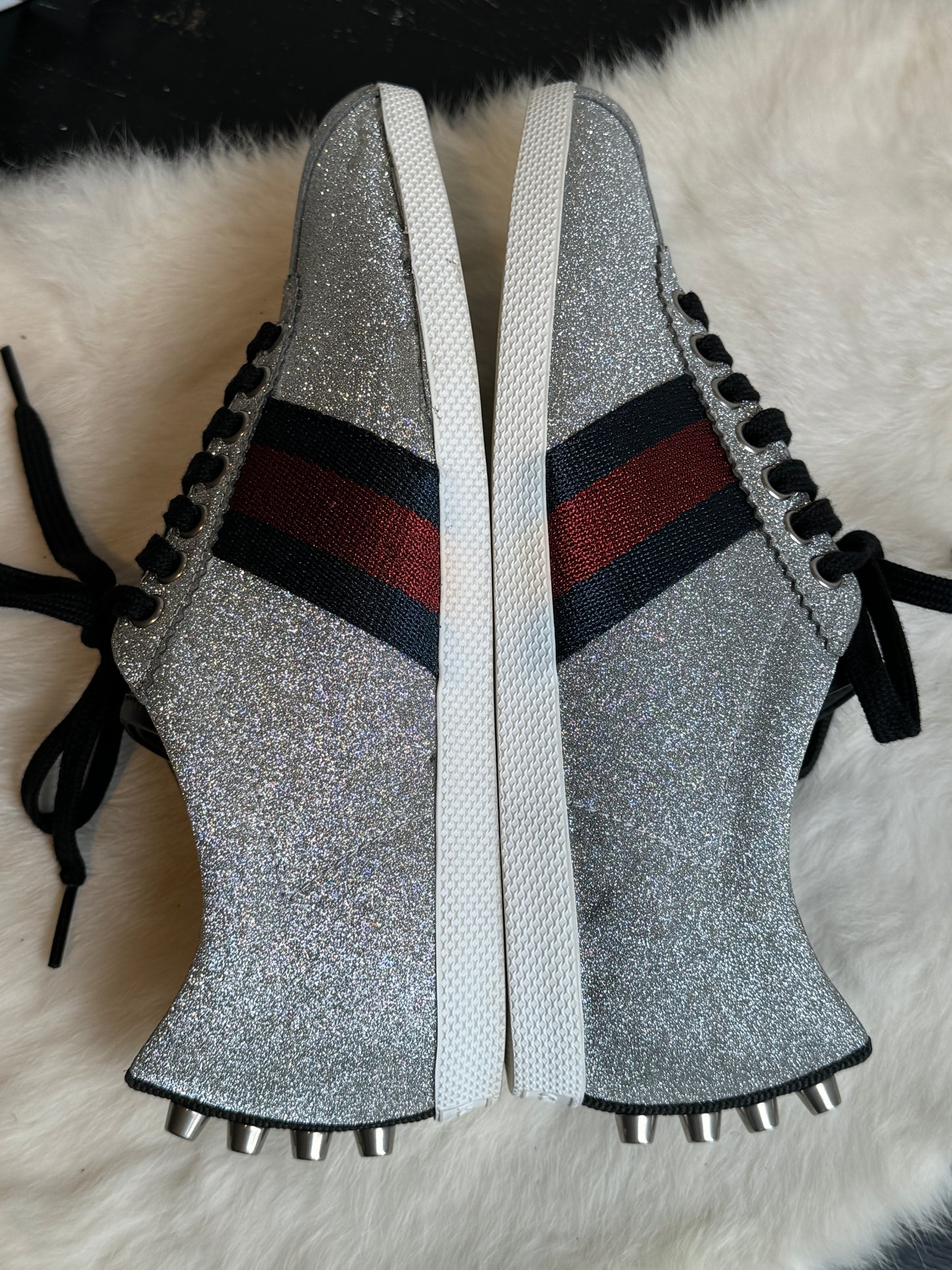 GUCCI Ace Silver Glitter Studded Women's Size 37.5EU