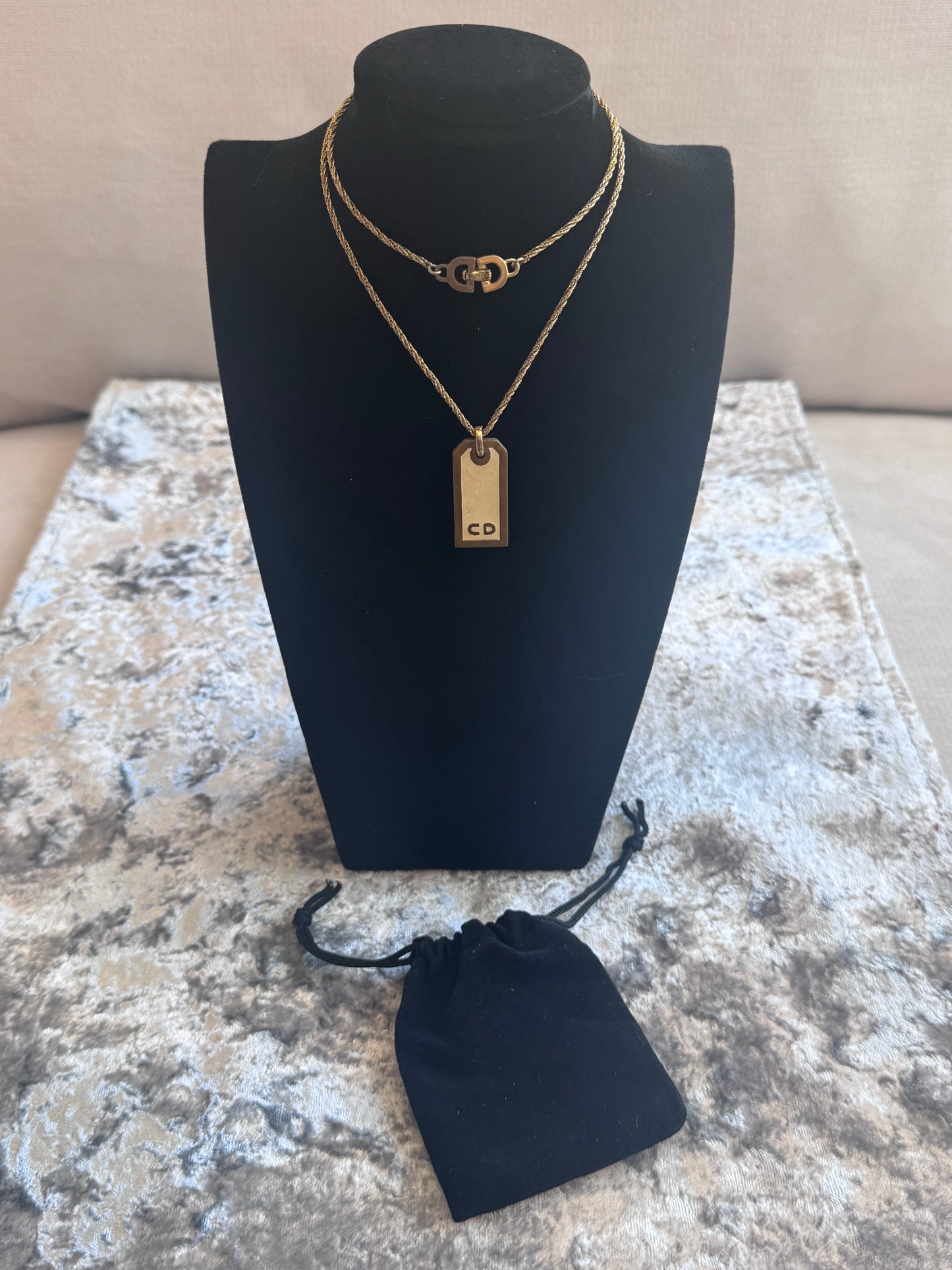 Christian Dior Gold-Tone Dog Tag Necklace Vintage Jewelry