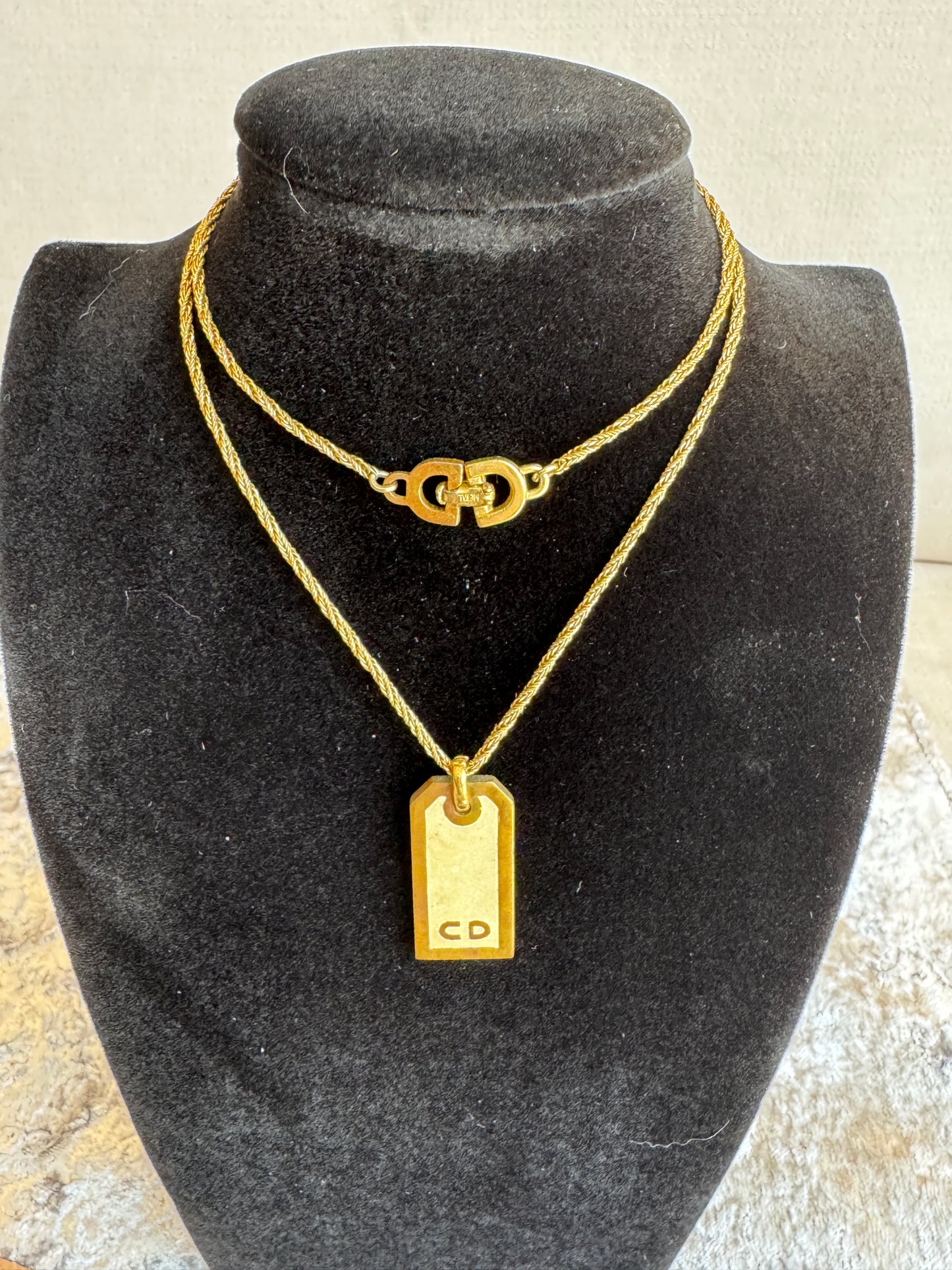 Christian Dior Gold-Tone Dog Tag Necklace Vintage Jewelry