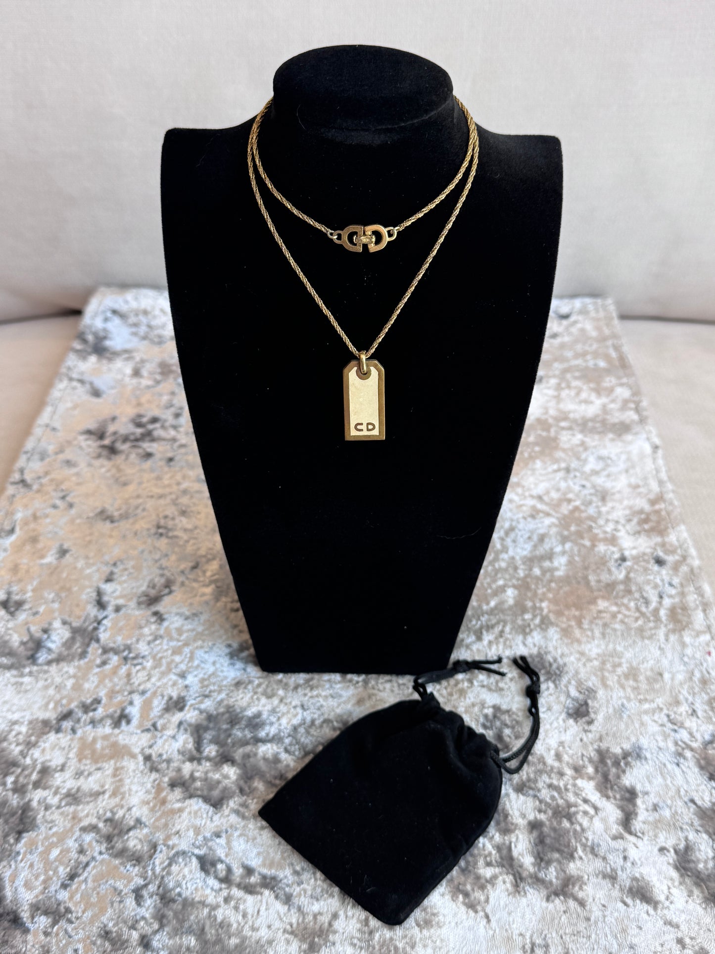 Christian Dior Gold-Tone Dog Tag Necklace Vintage Jewelry