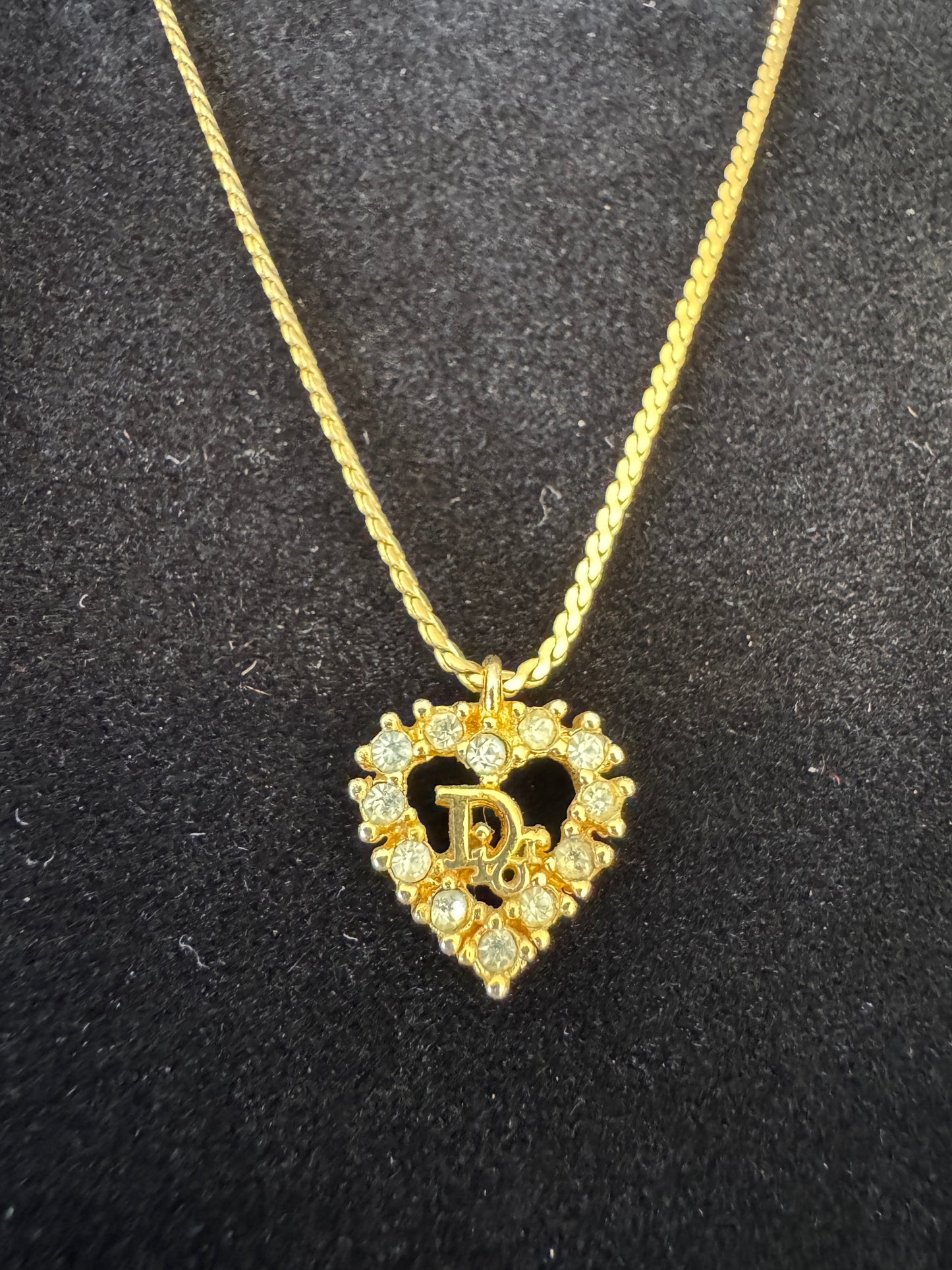 Christian Dior Crystal Heart Gold-Tone Necklace Vintage Jewelry