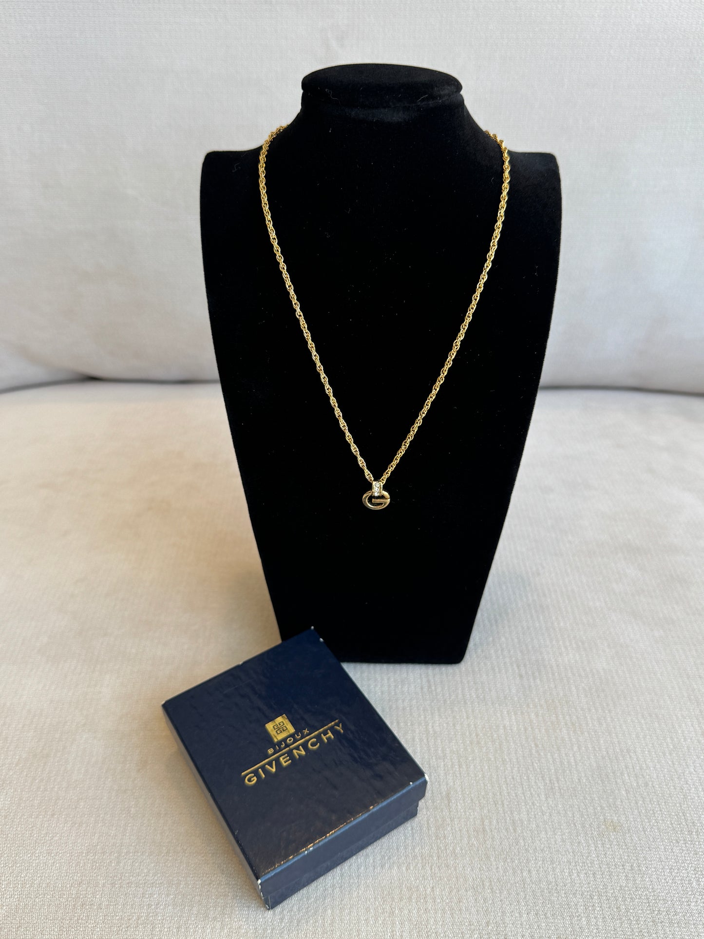 Givenchy Gold-Tone Rhinestone G Necklace Vintage Jewelry