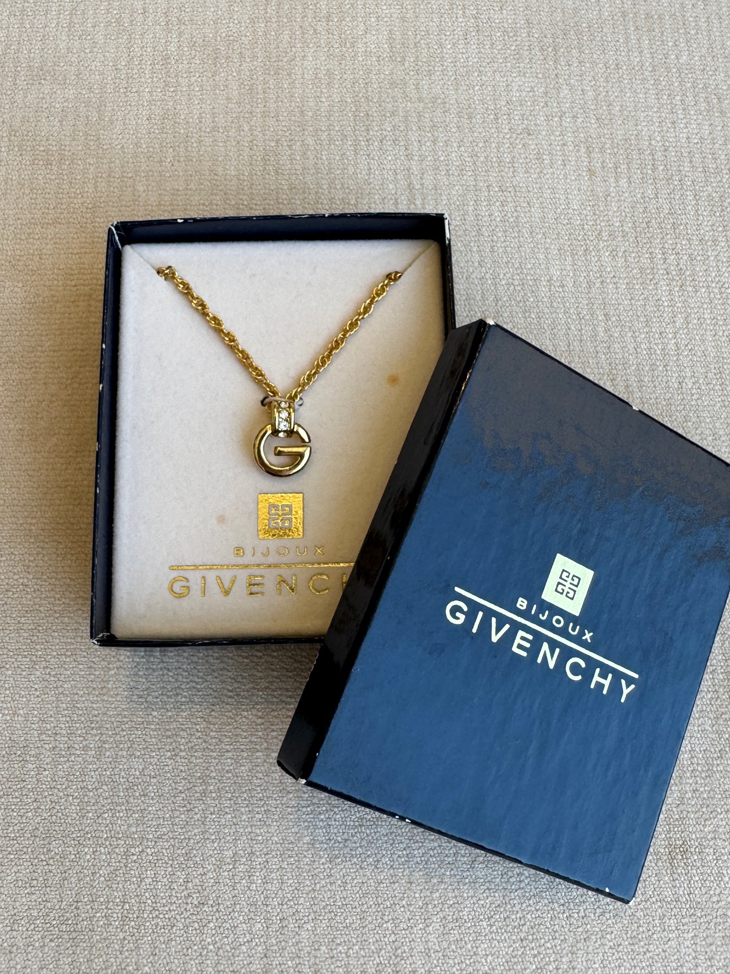 Givenchy Gold-Tone Rhinestone G Necklace Vintage Jewelry