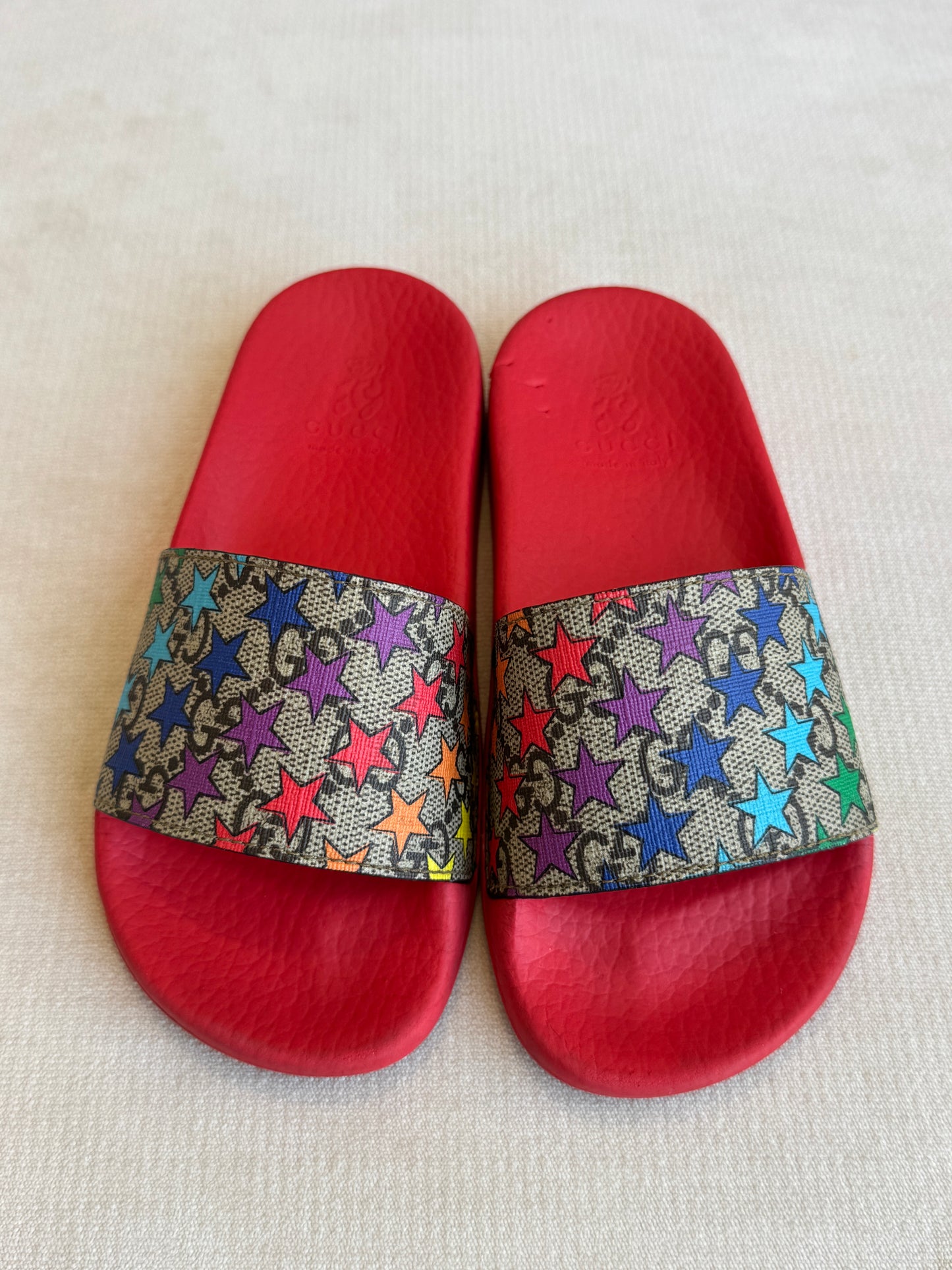 GUCCI Kids Supreme Canvas Star Multicolor Slides 28EU