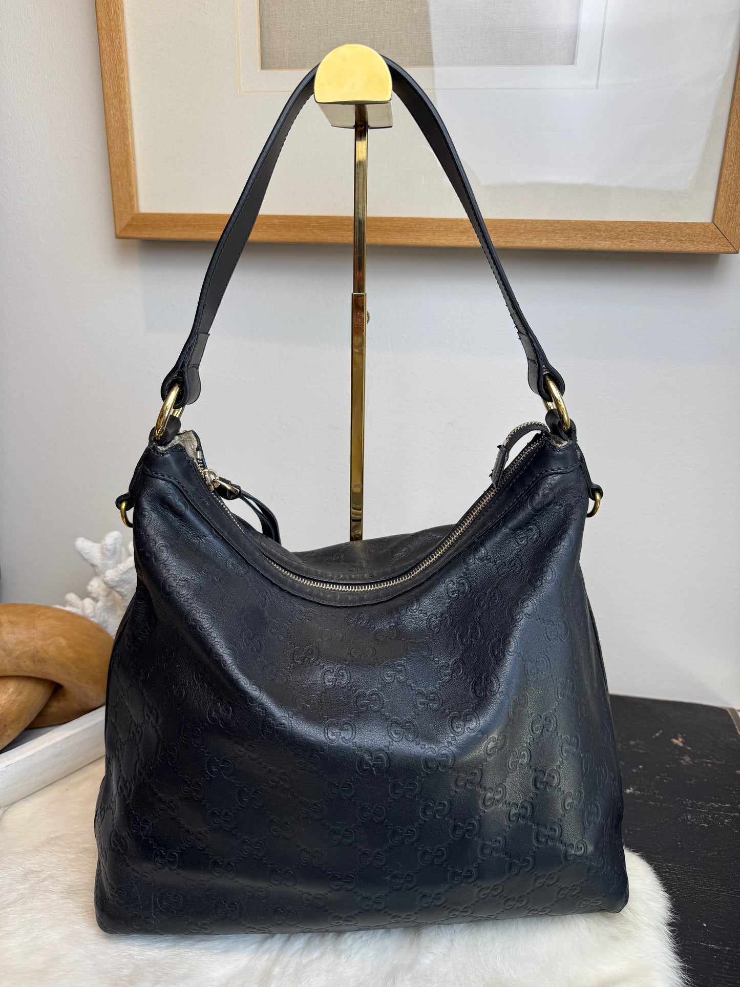 GUCCI Black Guccissima Leather Miss GG Original Hobo Bag