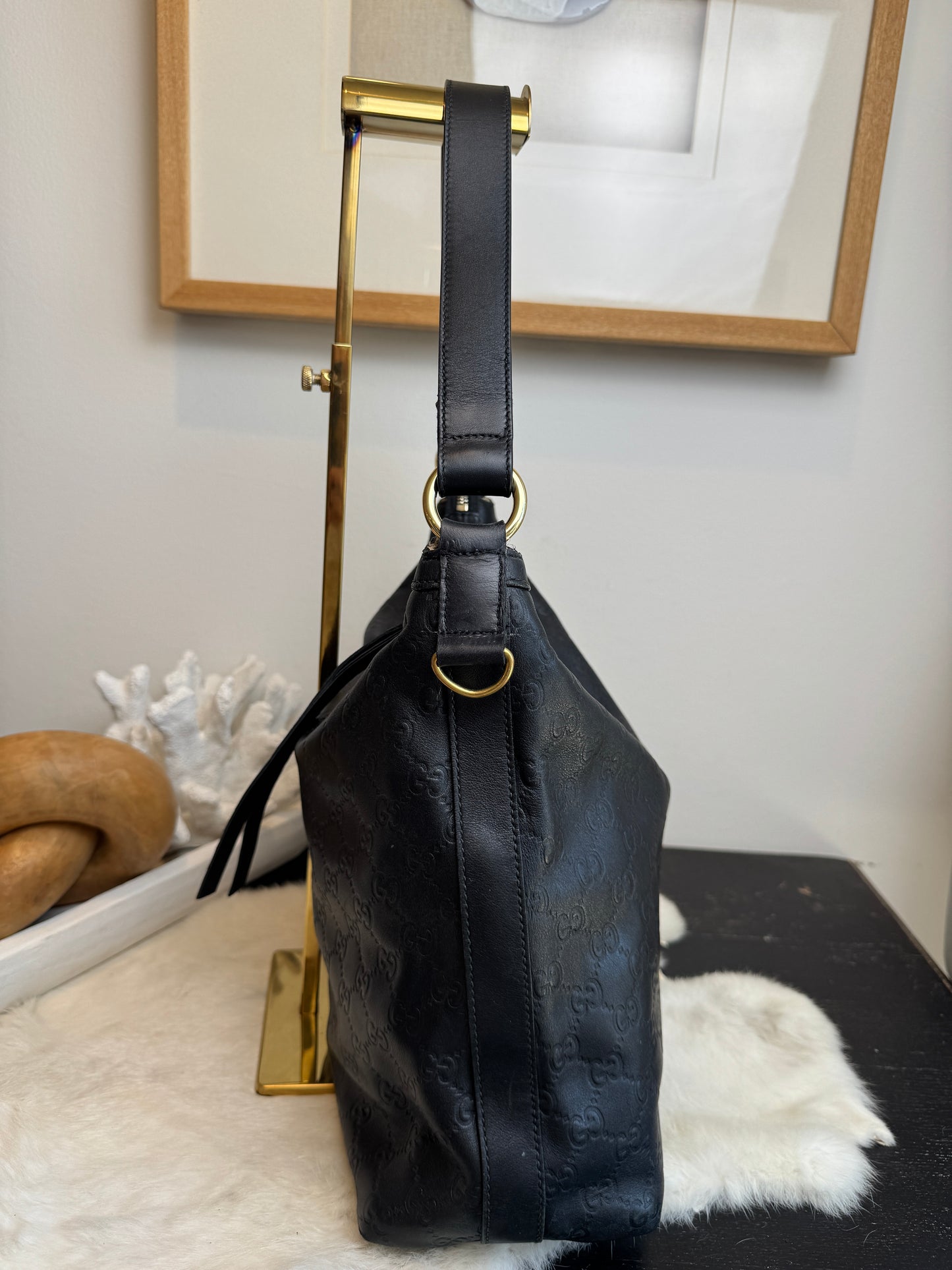 GUCCI Black Guccissima Leather Miss GG Original Hobo Bag