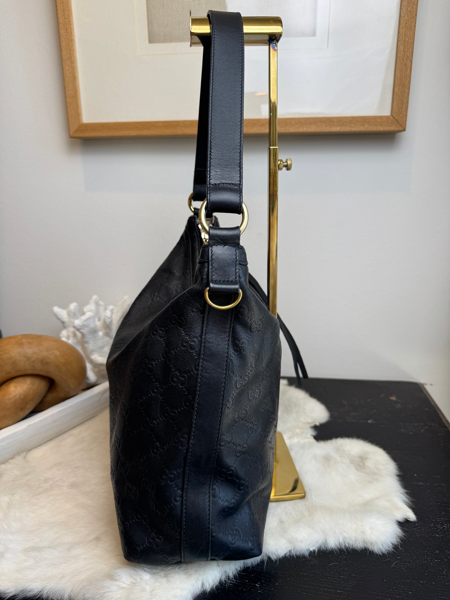 GUCCI Black Guccissima Leather Miss GG Original Hobo Bag