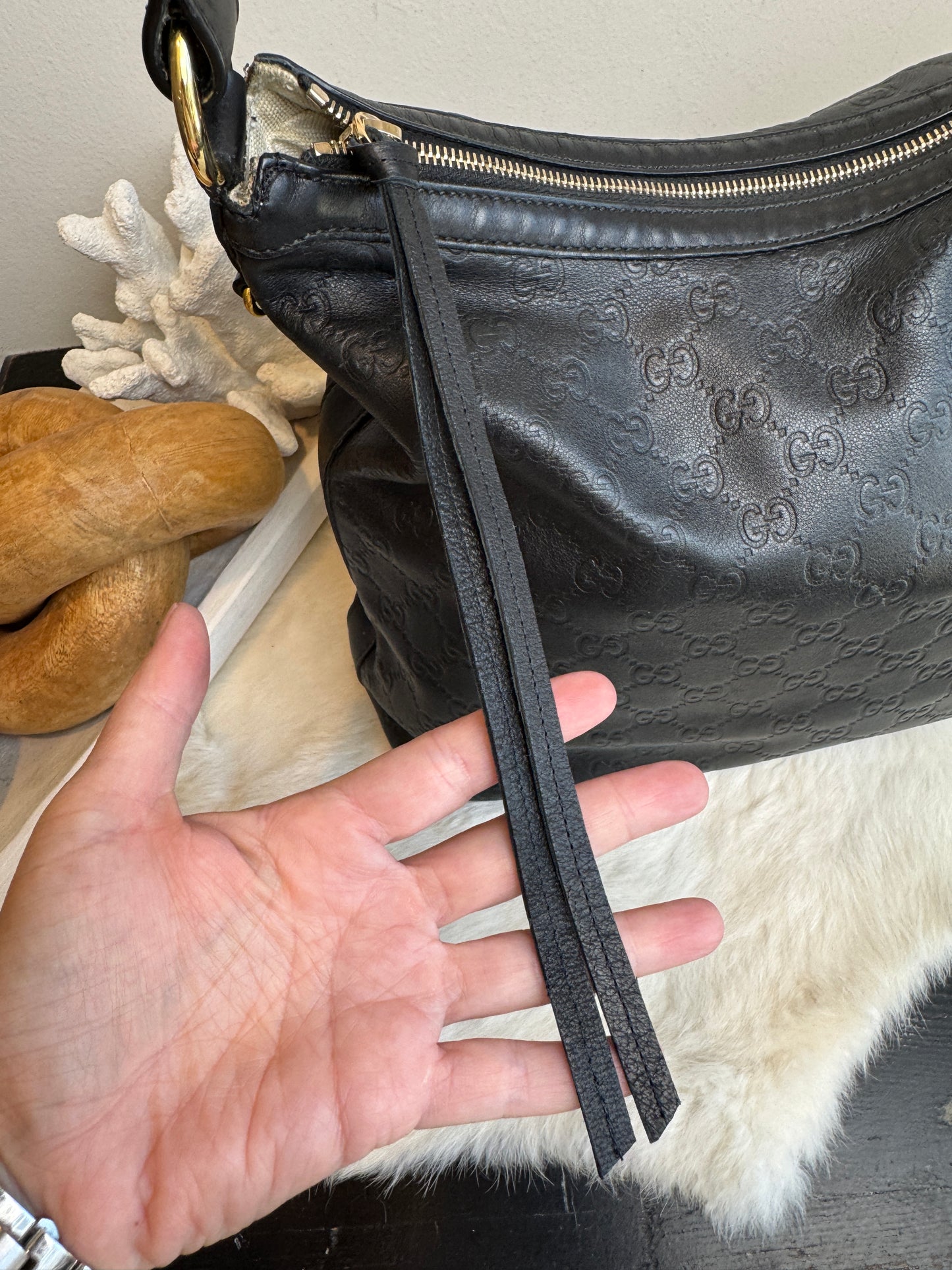 GUCCI Black Guccissima Leather Miss GG Original Hobo Bag