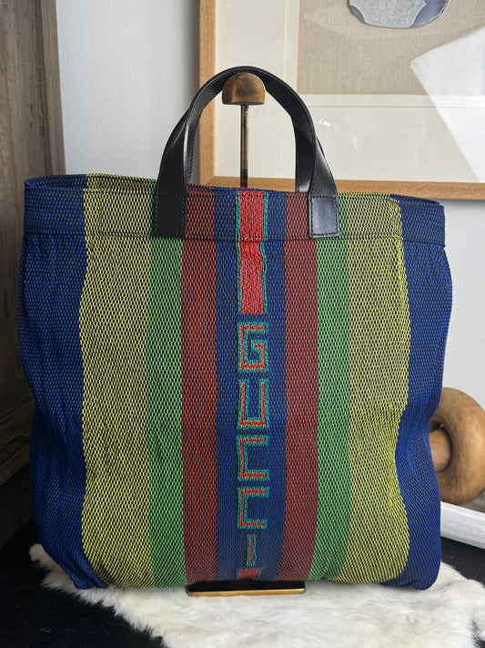 GUCCI Blue Mulicolor Straw Woven Tote