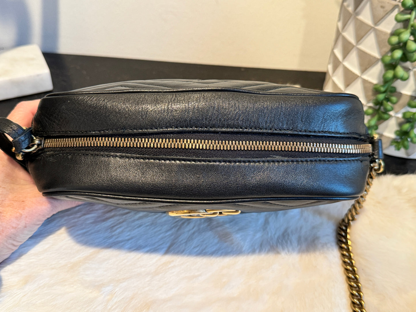 GUCCI Black Leather GG Marmont Small Camera Bag