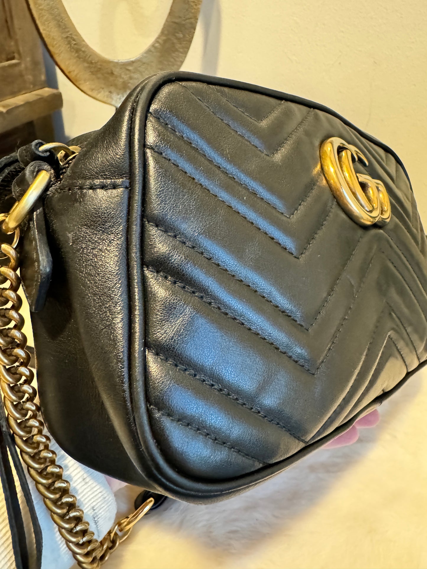 GUCCI Black Leather GG Marmont Small Camera Bag