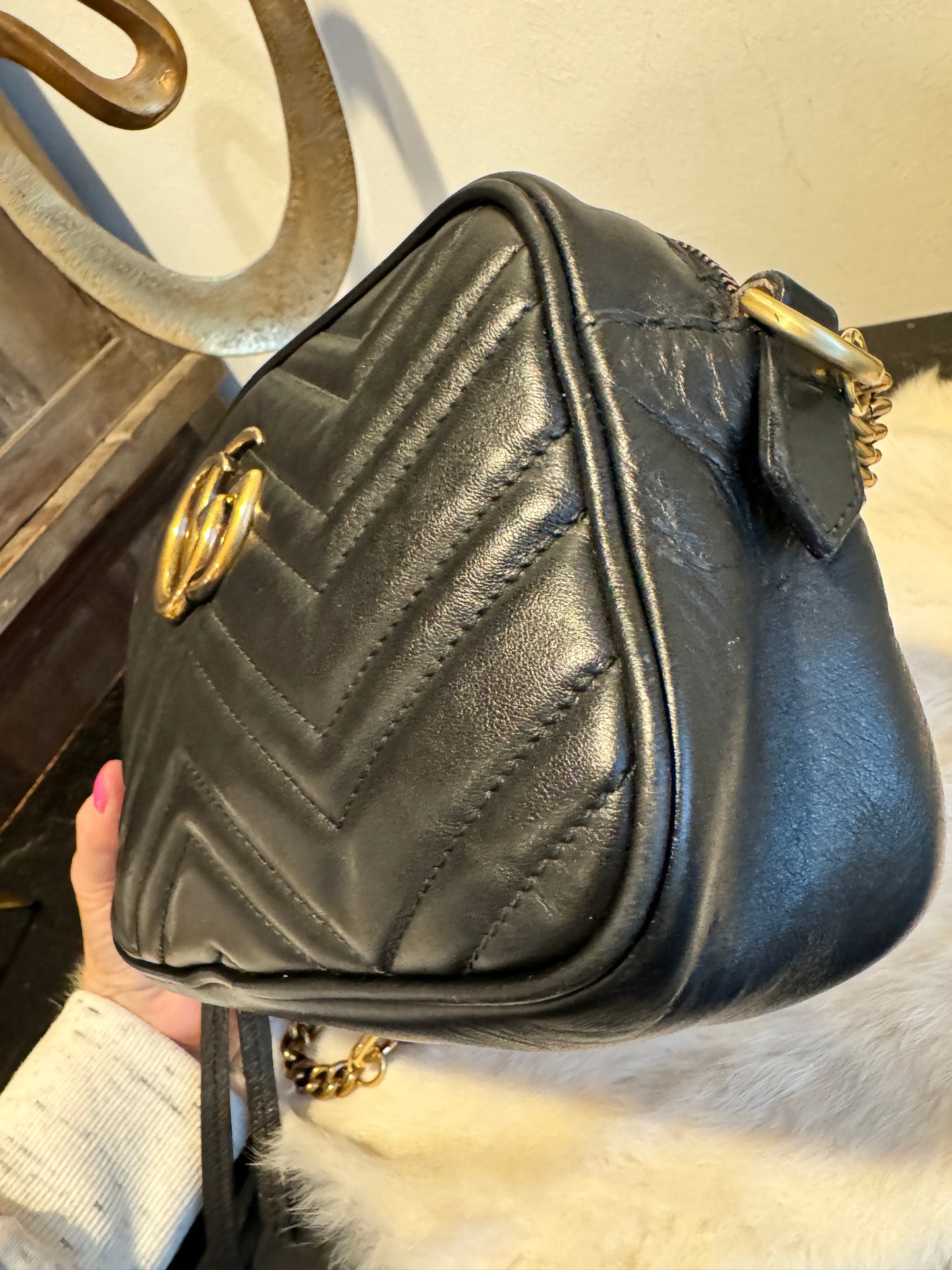 GUCCI Black Leather GG Marmont Small Camera Bag