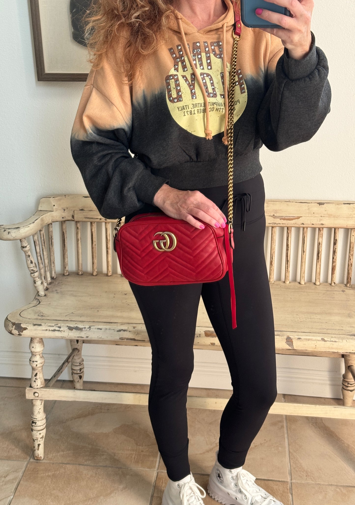 GUCCI Red Leather GG Marmont Small Camera Bag