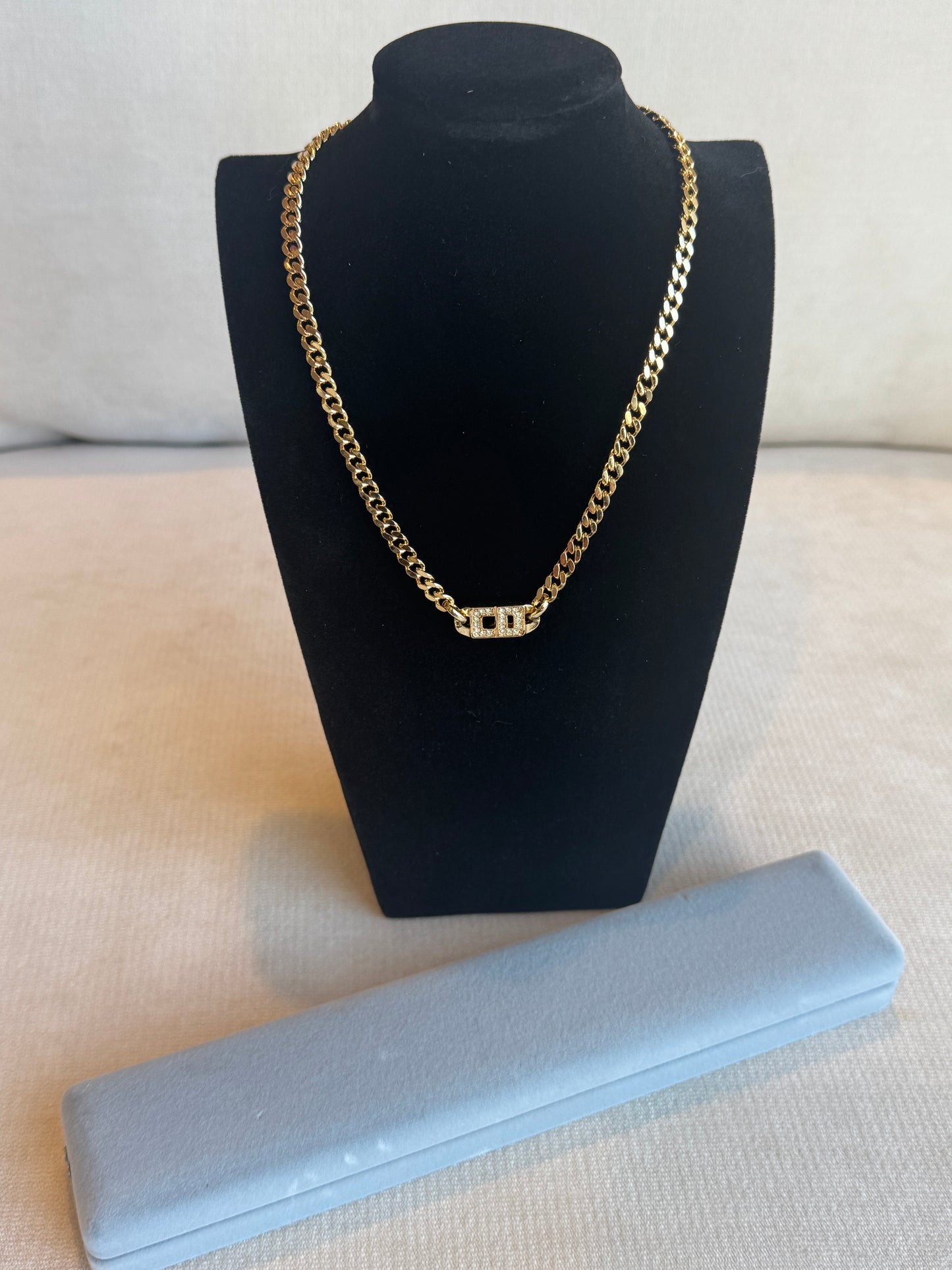 Christian Dior Vintage Gold-Tone Rhinestone CD Curb Chain Necklace