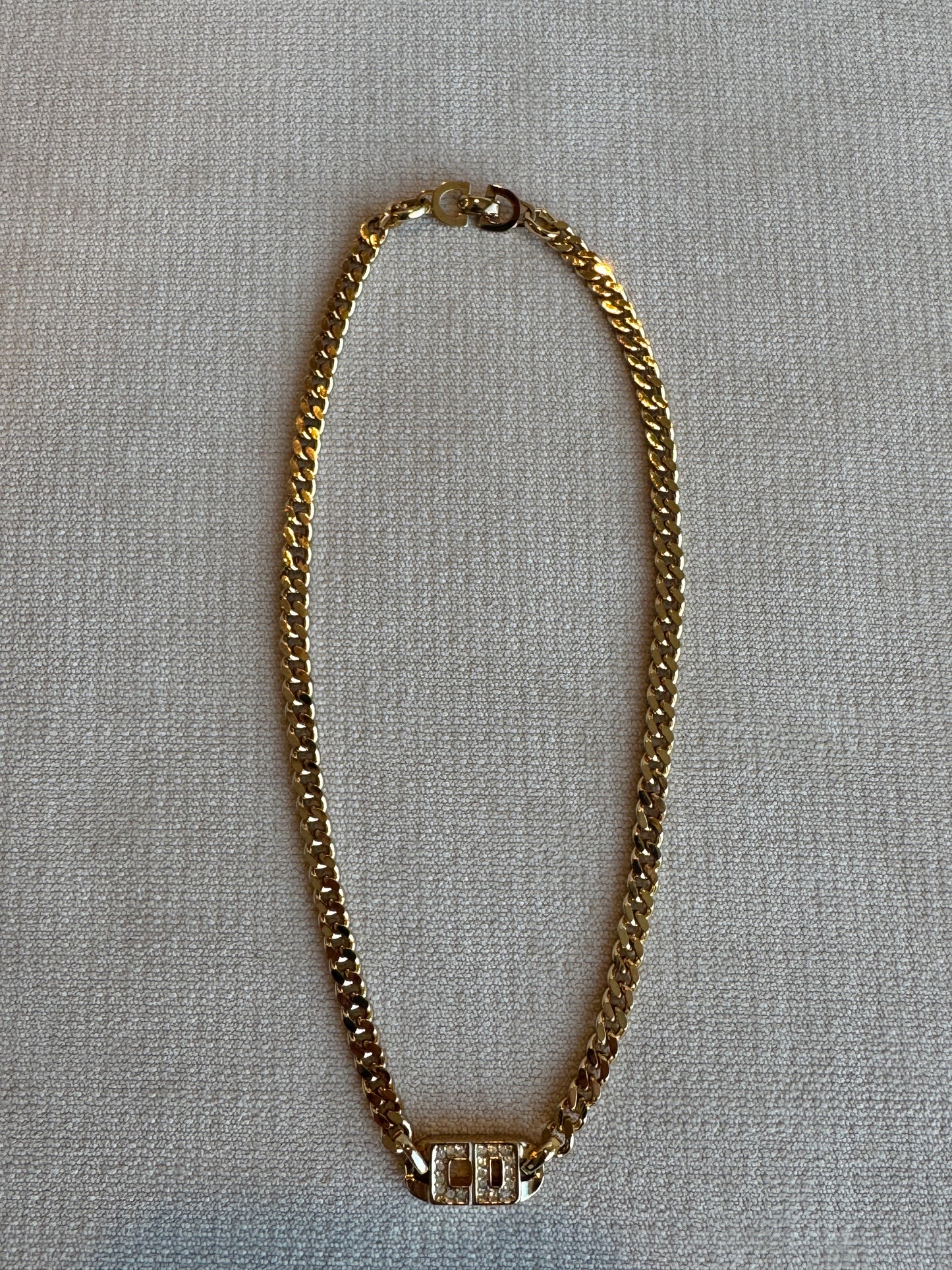 Christian Dior Vintage Gold-Tone Rhinestone CD Curb Chain Necklace