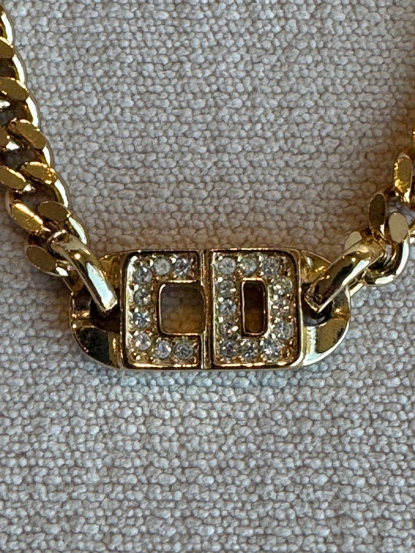 Christian Dior Vintage Gold-Tone Rhinestone CD Curb Chain Necklace