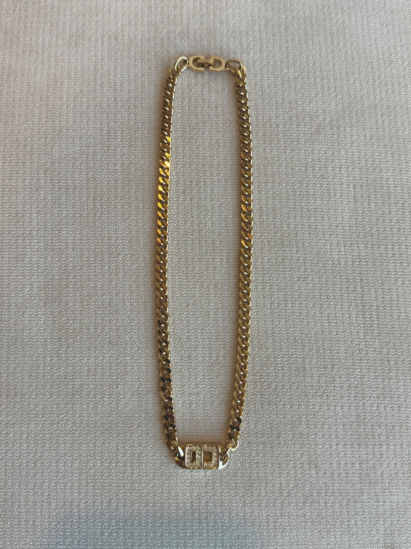Christian Dior Vintage Gold-Tone Rhinestone CD Curb Chain Necklace