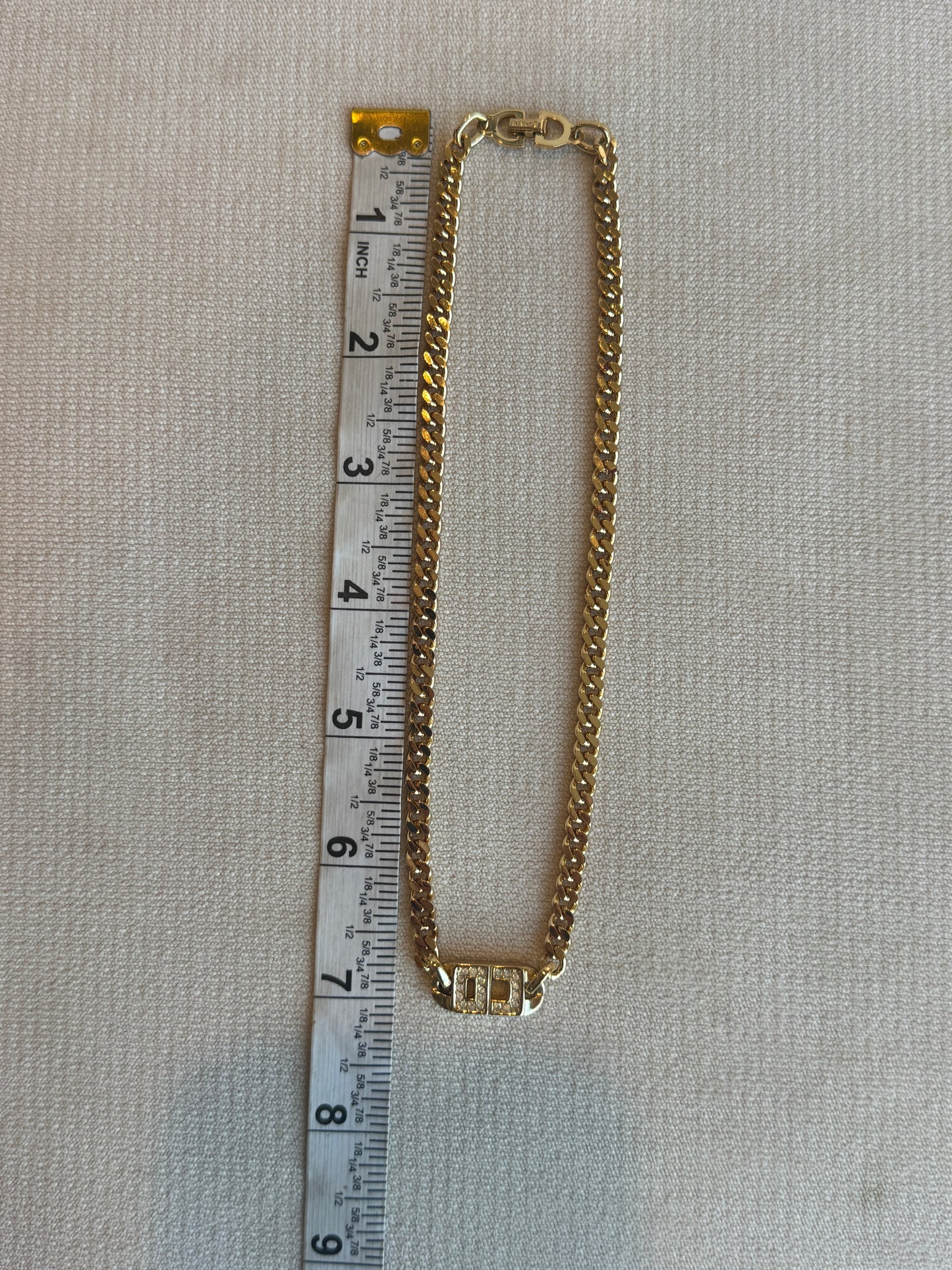 Christian Dior Vintage Gold-Tone Rhinestone CD Curb Chain Necklace