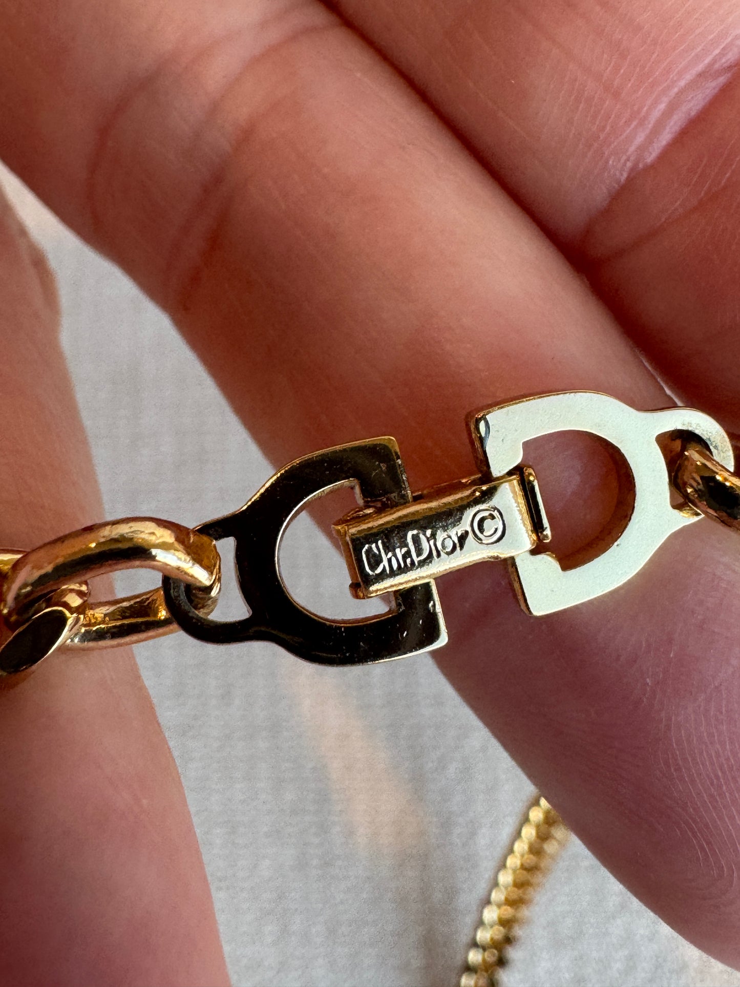 Christian Dior Vintage Gold-Tone Rhinestone CD Curb Chain Necklace