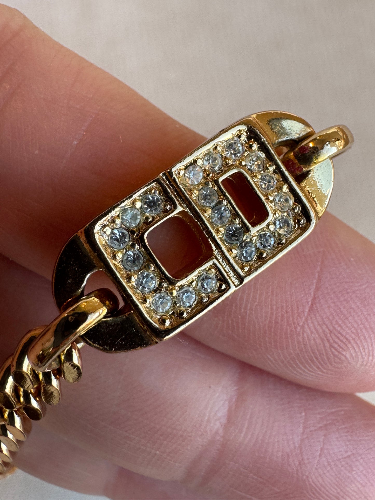 Christian Dior Vintage Gold-Tone Rhinestone CD Curb Chain Necklace